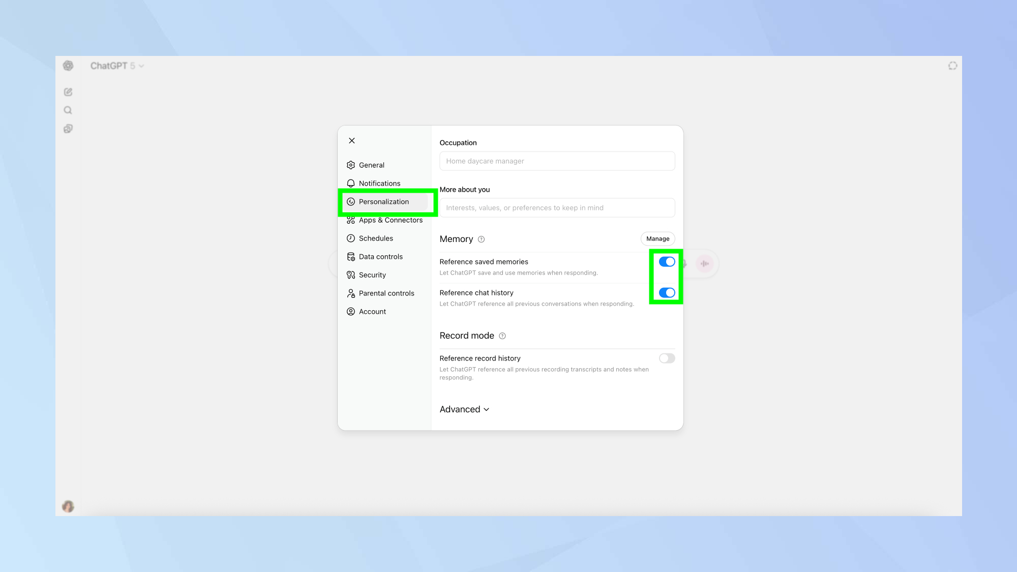הגדרות התאמה אישית של ChatGPT