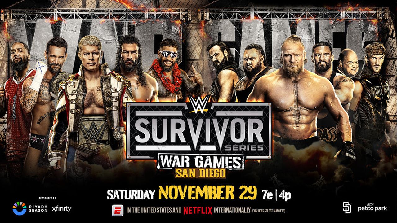 The poster from WWE Survivor Series: War Games 2025, featuring the participants of the men's WarGames match