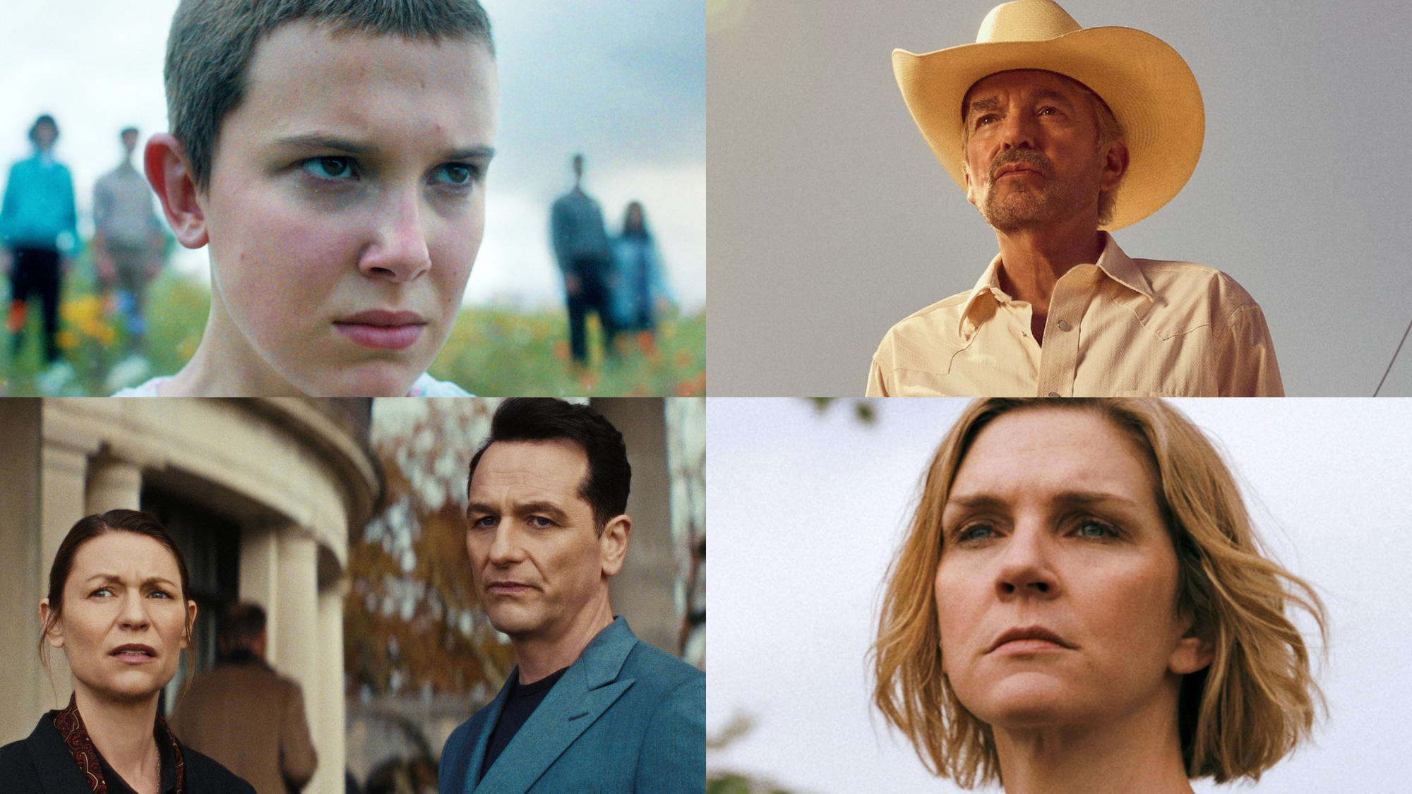 (בכיוון השעון משמאל למעלה): Stranger Things; לנדמן; Pluribus; חיה בי