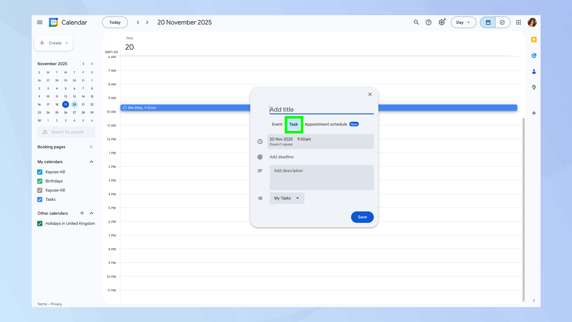 לחצן משימה ביומן Google