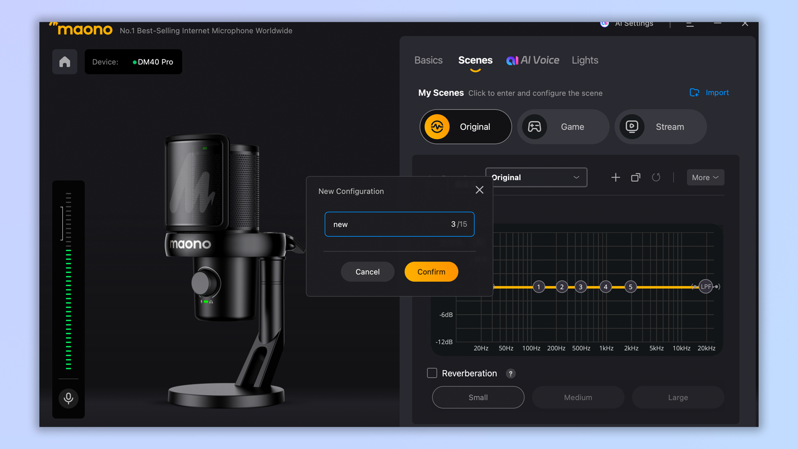 שני צילומי מסך מאפליקציית maono link המציגים פונקציות עם מיקרופון dm40 pro