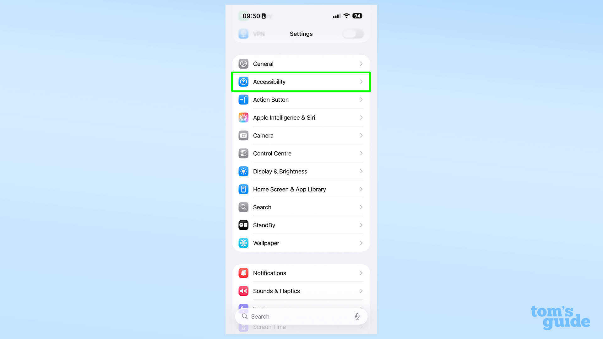 אפליקציית הגדרות iOS 26.1, עם נגישות מודגשת