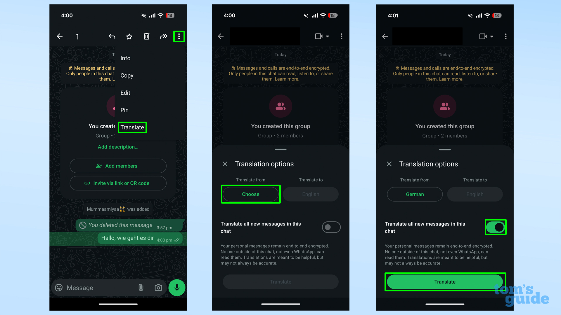 צילומי מסך המראים כיצד לאפשר תרגום הודעות ב- WhatsApp