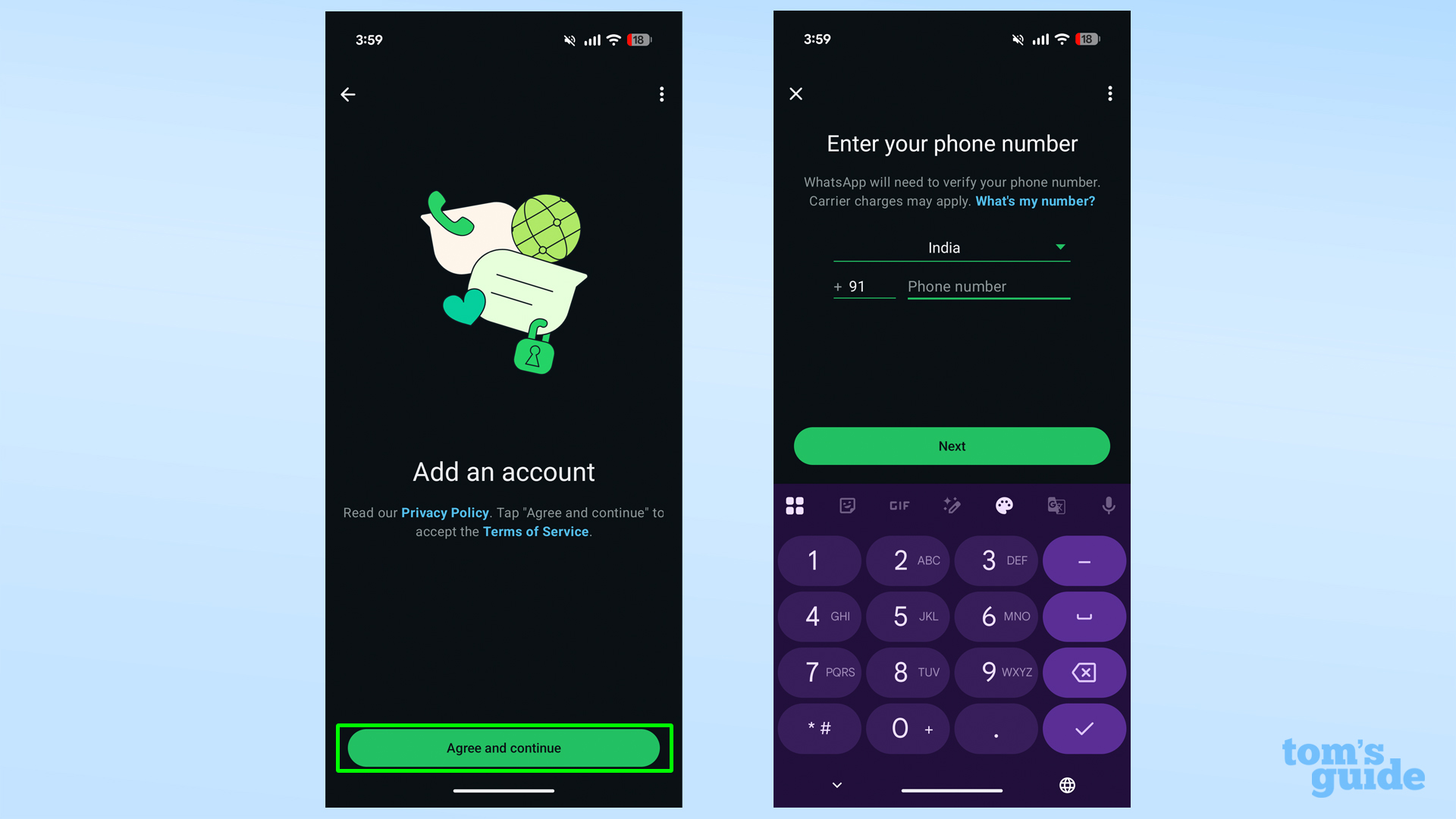 צילומי מסך המציגים את אפשרויות קלט החשבון השני ב- WhatsApp