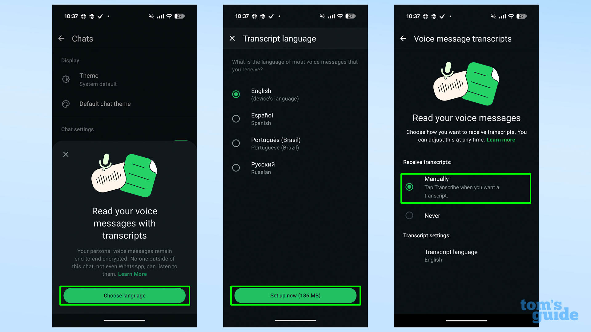 צילומי מסך המראים כיצד לאפשר תמלול הערות קוליות ב-WhatsApp