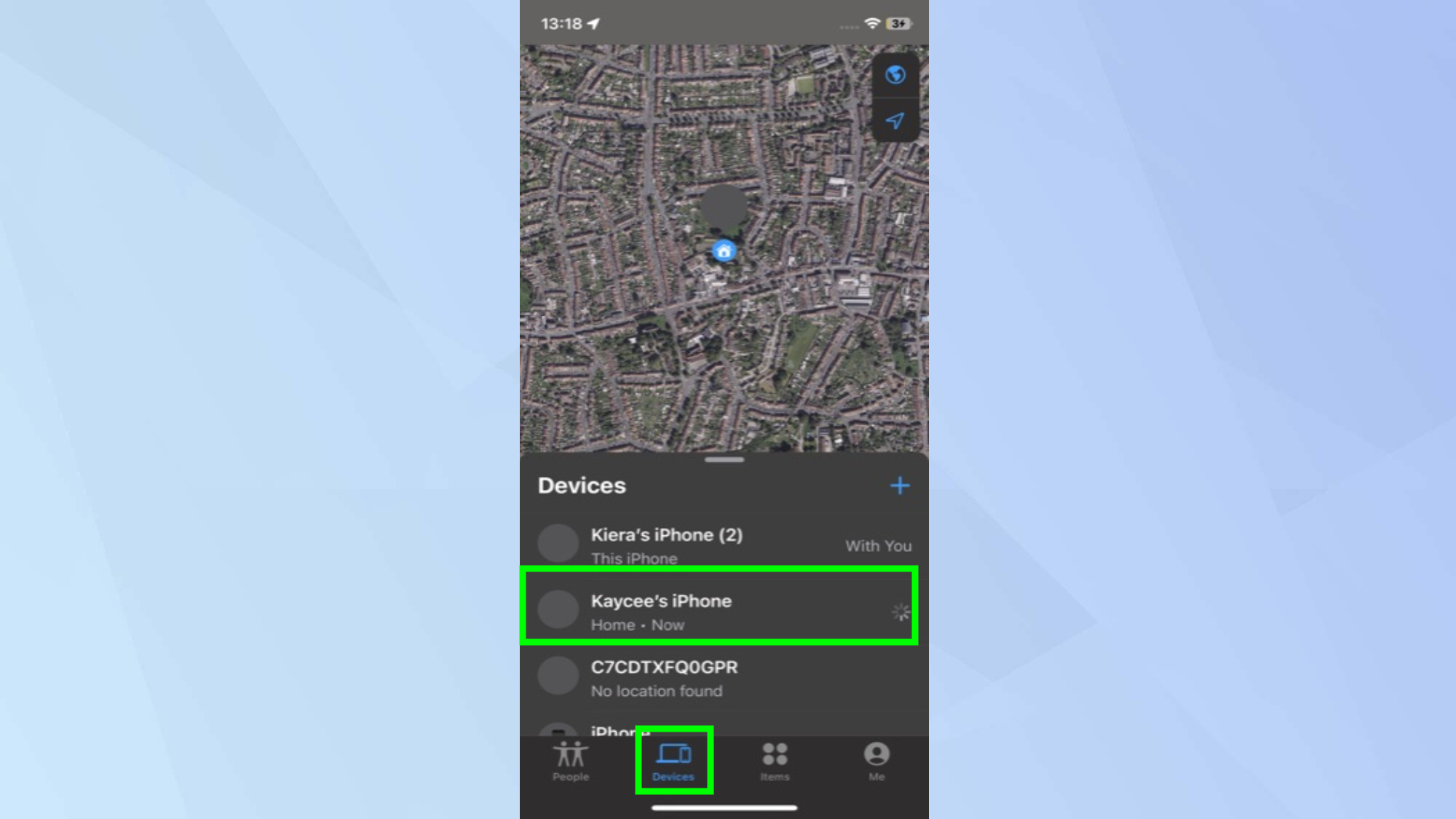 מצא את שלי כשהמכשיר מודגש