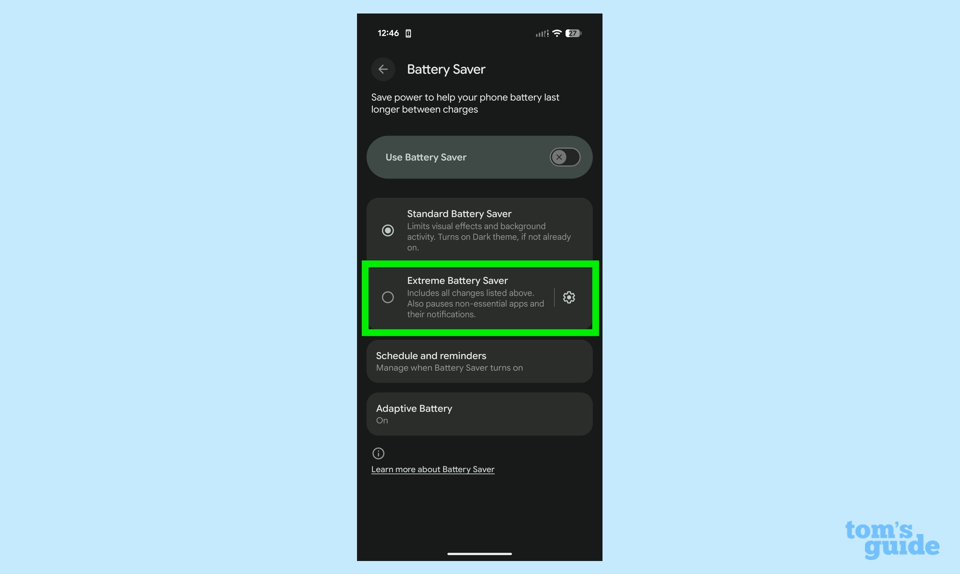 הגדרת חיסכון בסוללה קיצוני של pixel 10 pro