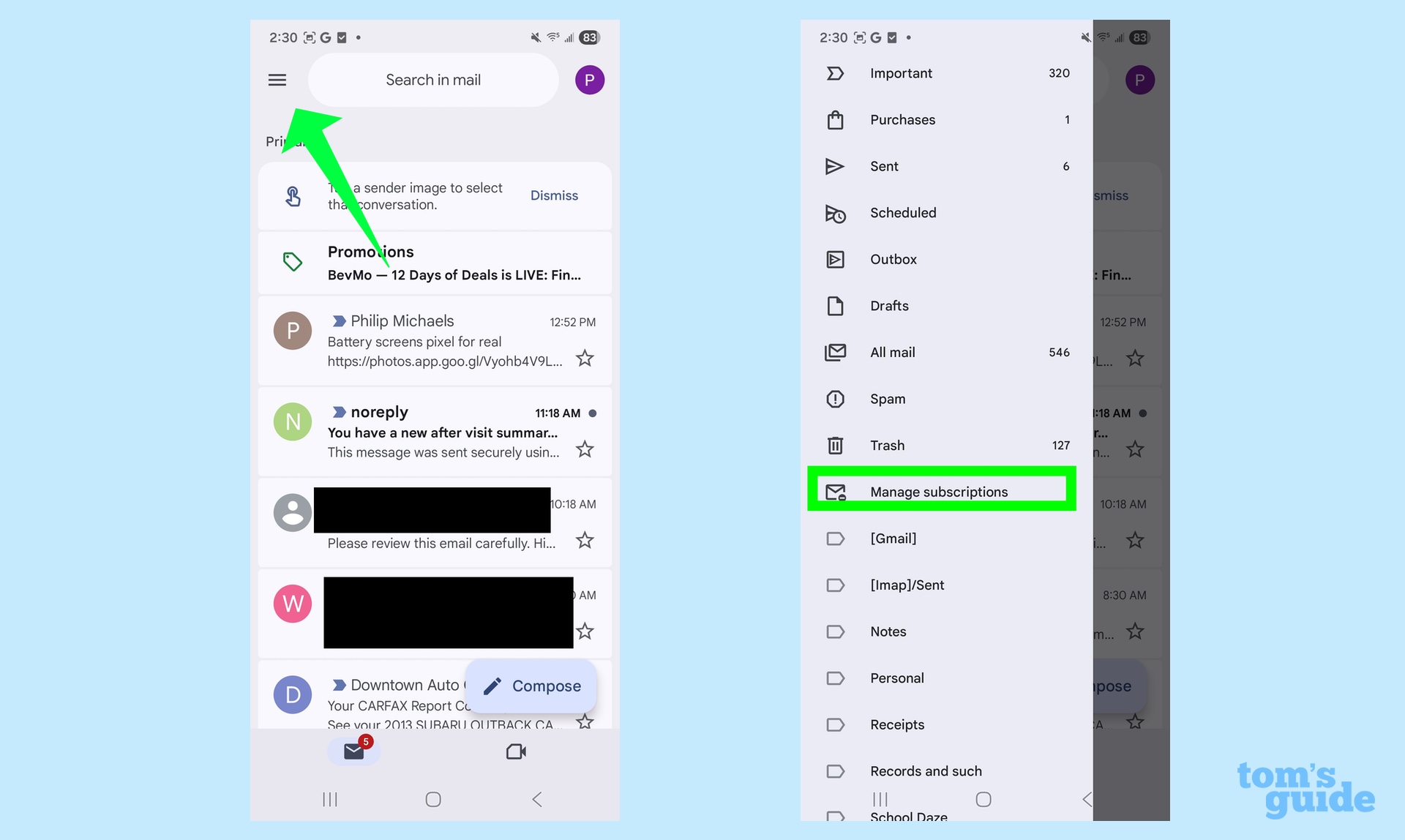 גש לניהול מינויים מהתפריט באפליקציית Gmail לנייד