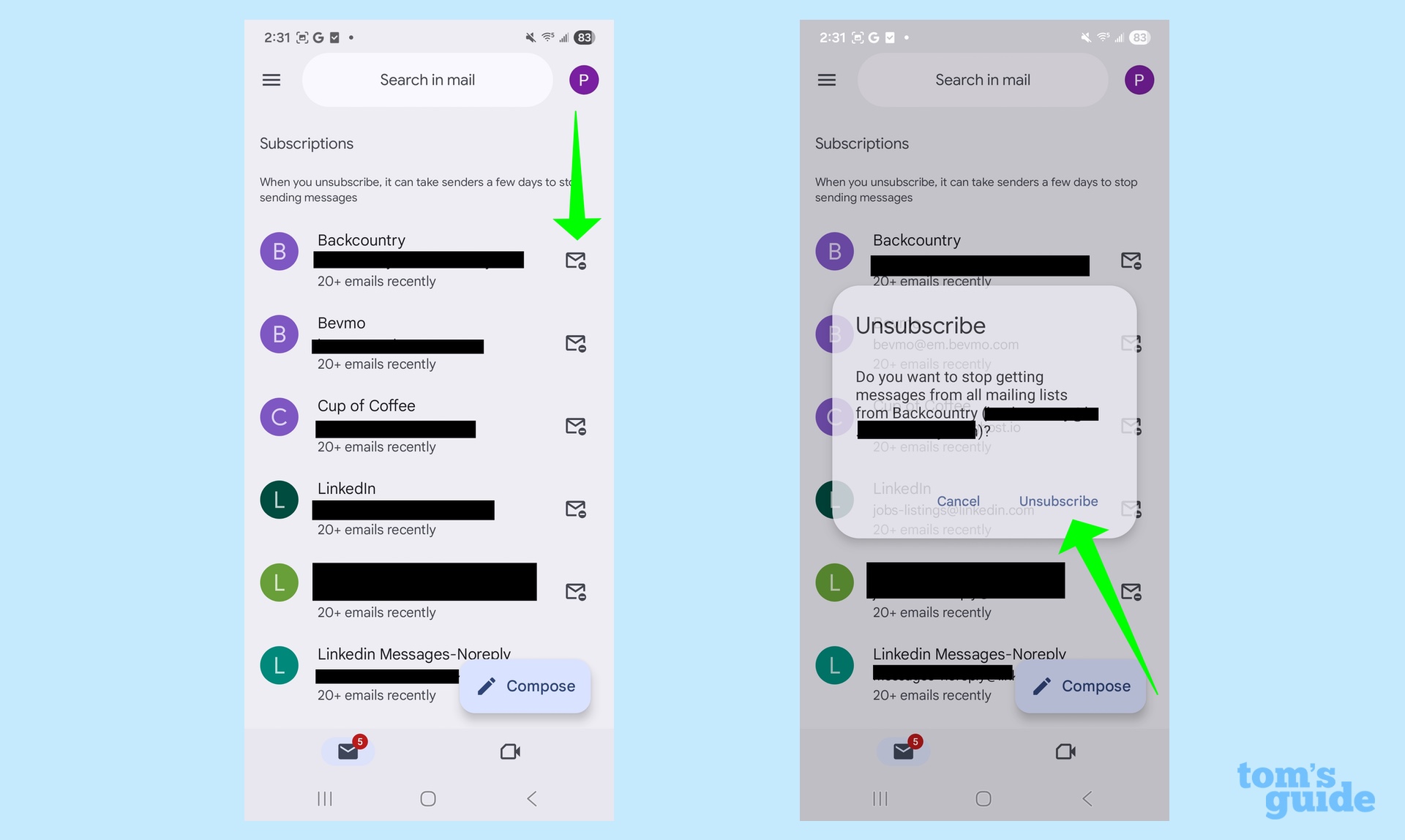הקש על סמל המעטפה כדי לבטל את הרישום מרשימת תפוצה ב-Gmail