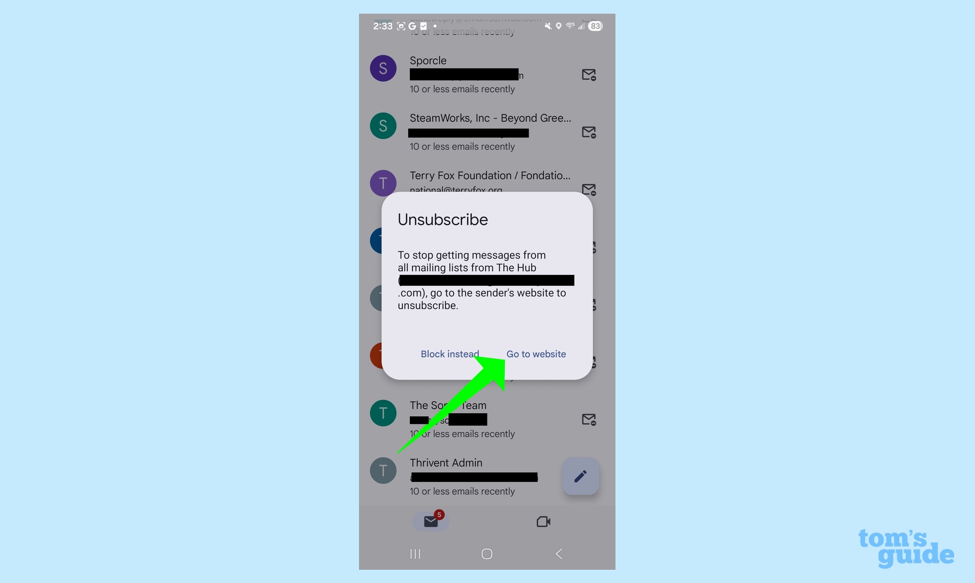 התראת gmail שעליך ללכת לאתר אינטרנט כדי לבטל את הרישום מרשימת תפוצה