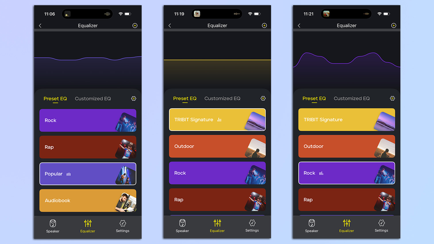 צילומי מסך מאפליקציית Tribit המציגים פרופילי EQ שונים
