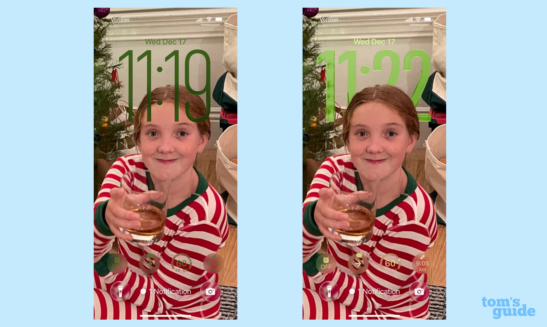 מסכי נעילת iOS 26 לפני ואחרי השימוש במחוון השקיפות של iOS 26.2 על השעון