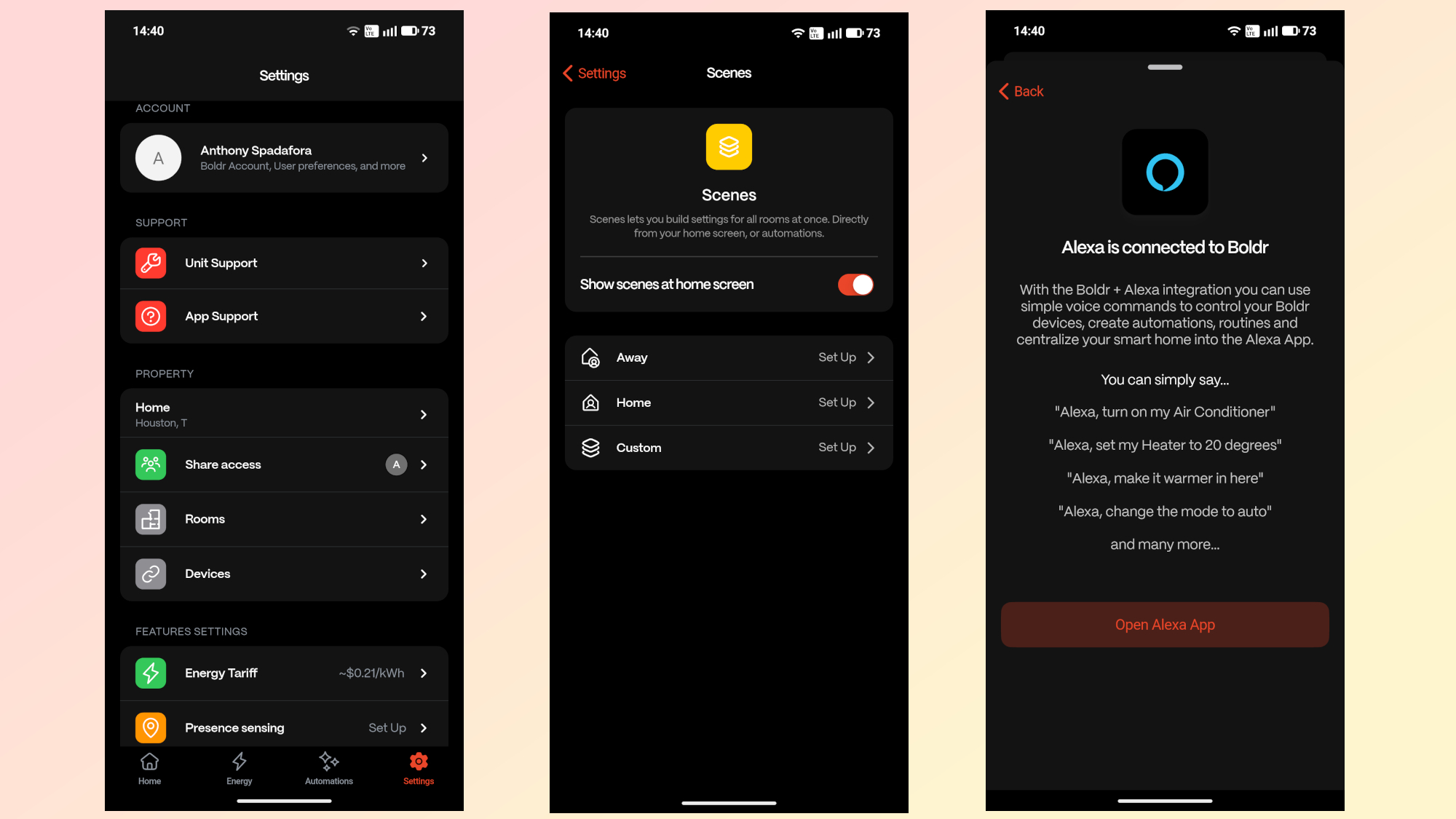 סדרה של צילומי מסך המציגים את תפריט ההגדרות ושילוב הבית החכם באפליקציית Boldr עבור תנור האינפרא אדום של קלווין