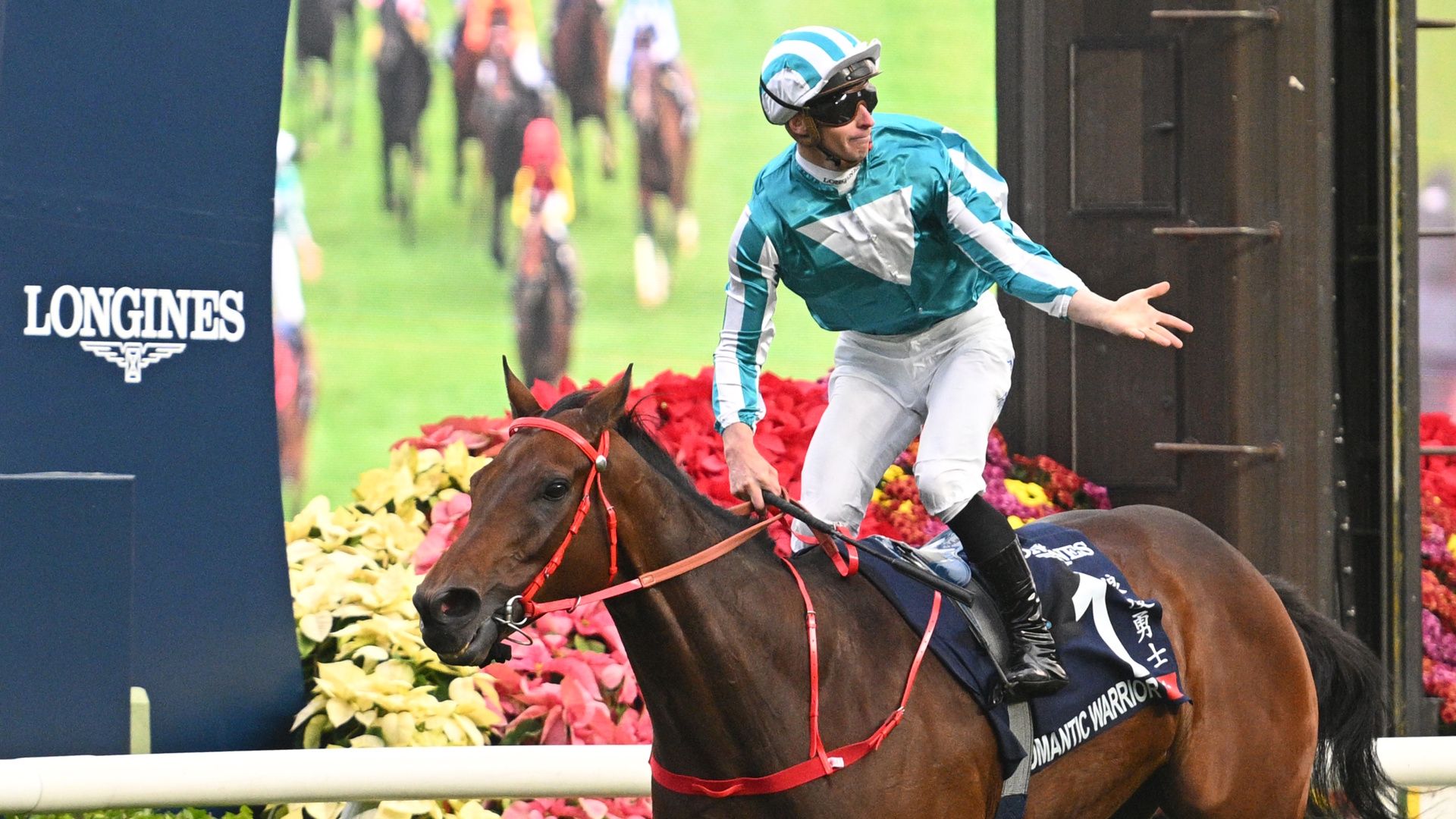 James McDonald riding Romantic Warrior during the Hong Kong Cup horse race.