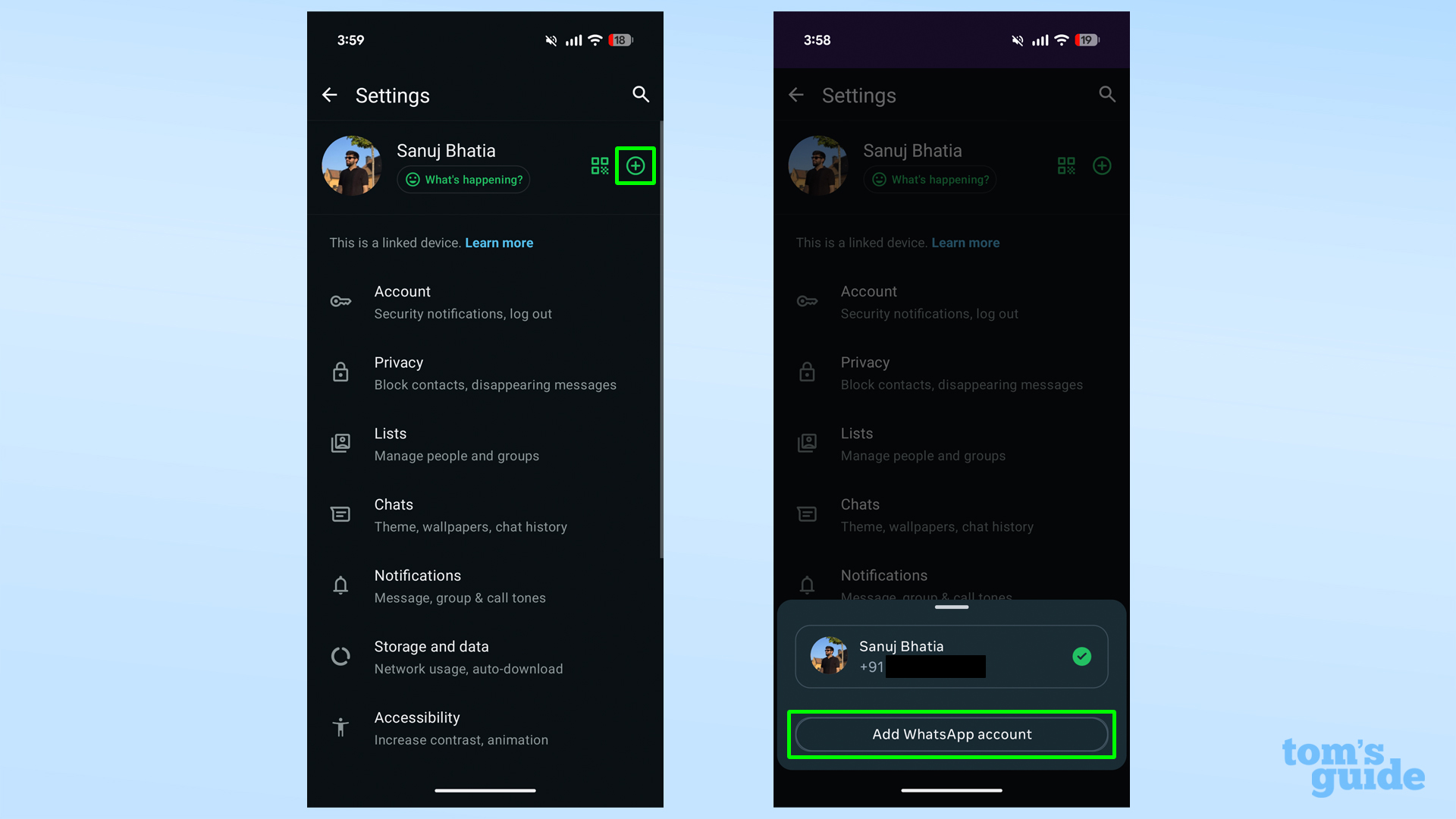 צילומי מסך המראים כיצד להוסיף חשבון שני בוואטסאפ
