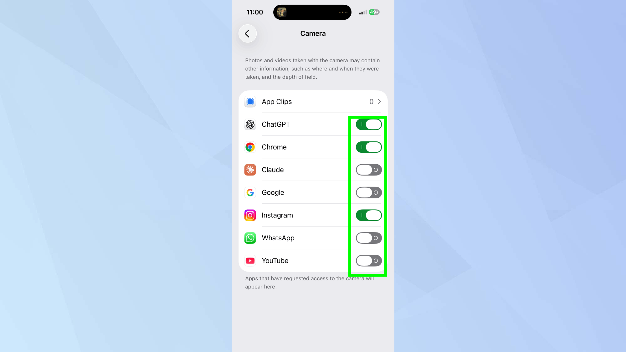 כיבוי גישה למצלמה בהגדרות הפרטיות של iPhone