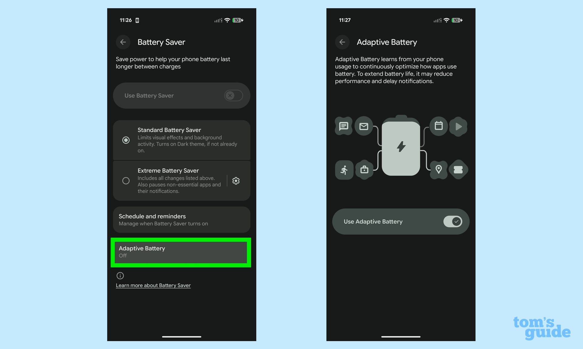 הפעלת תכונת סוללה אדפטיבית ב-pixel 10 pro