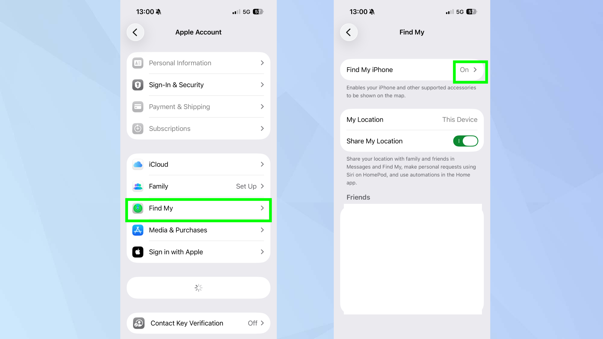 מצא את שלי בהגדרות האייפון 