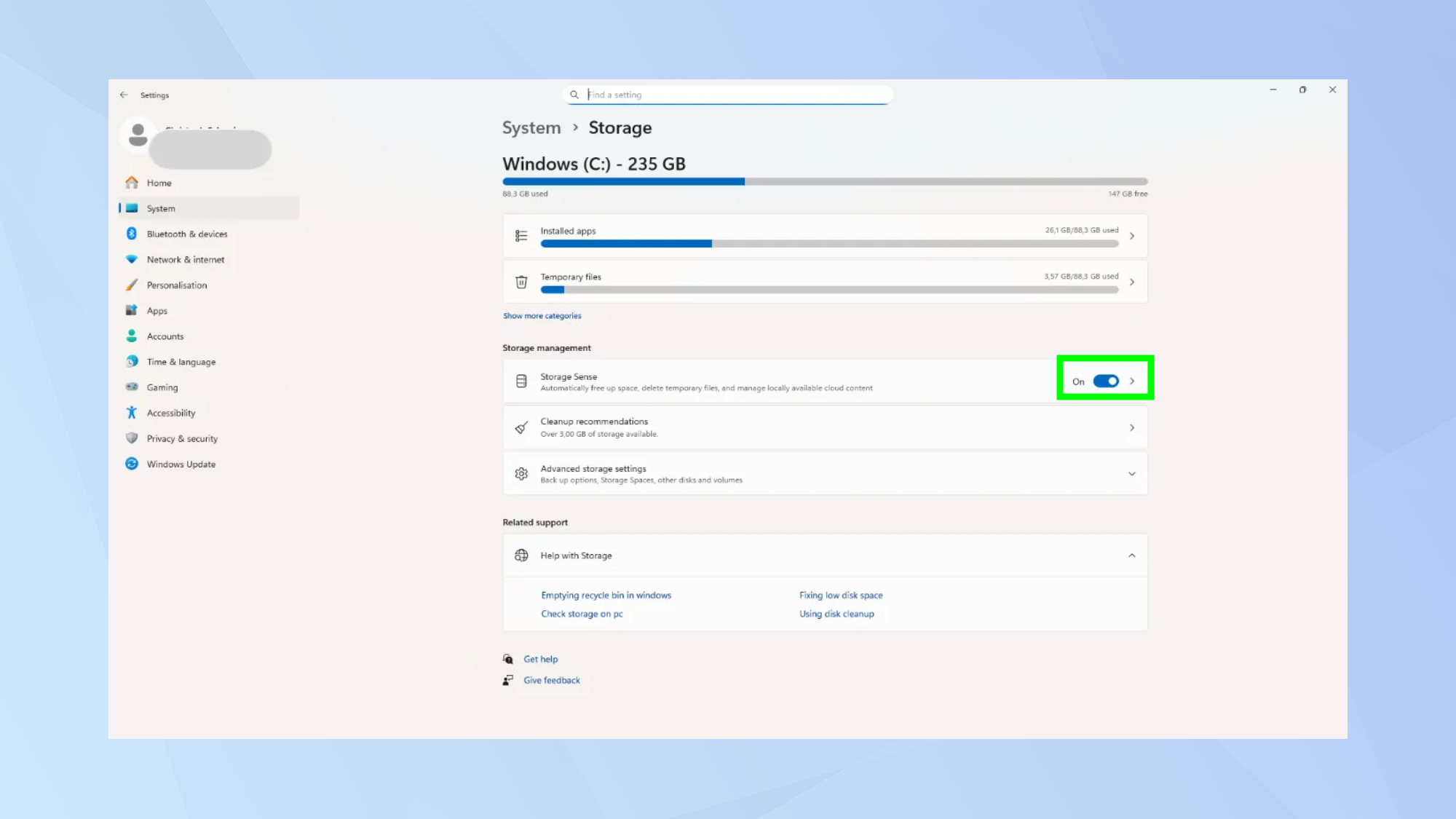 אפשר תחושת אחסון ב-Windows 11