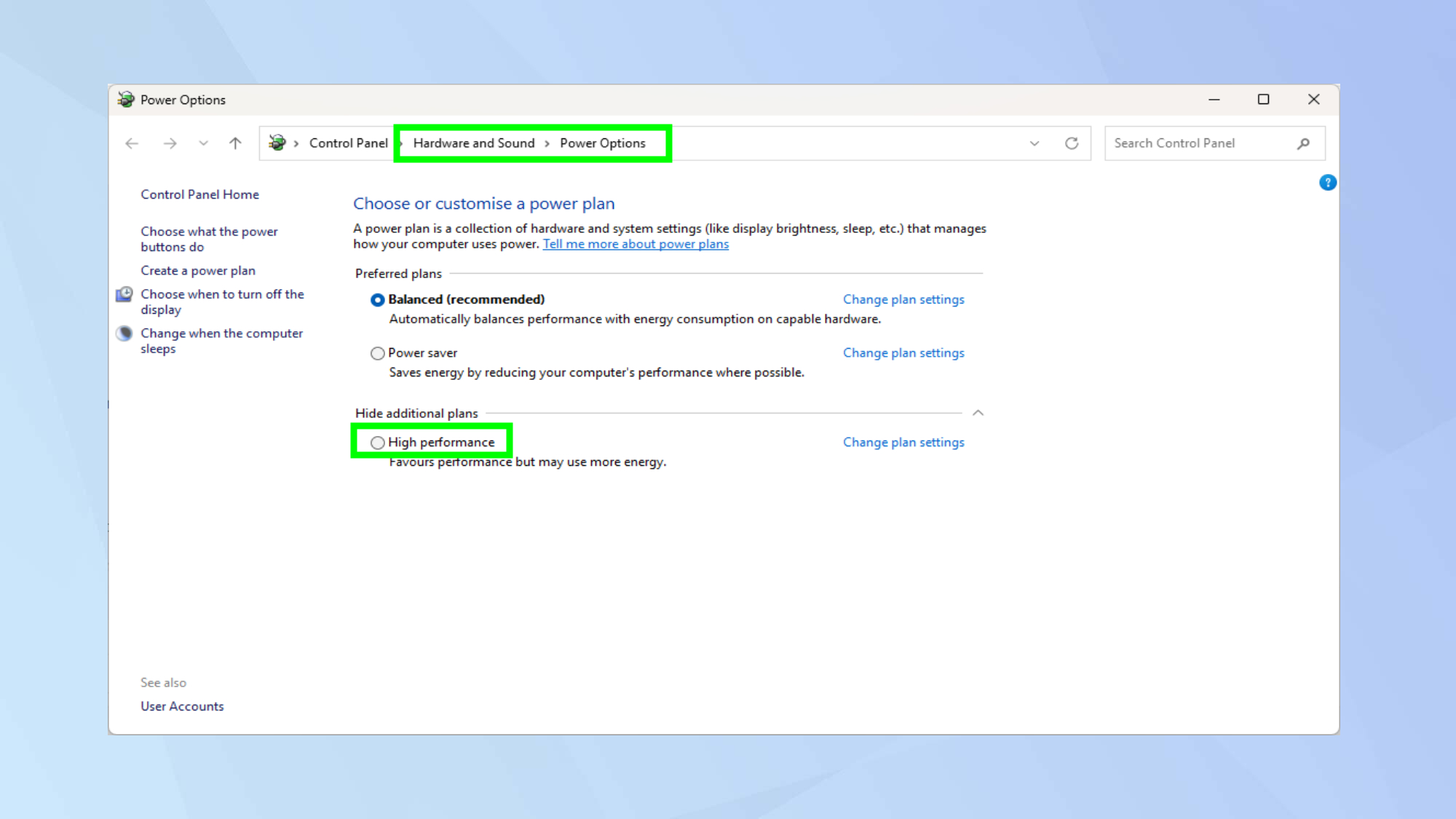 בחר ביצועים גבוהים באפשרויות צריכת חשמל Windows 11