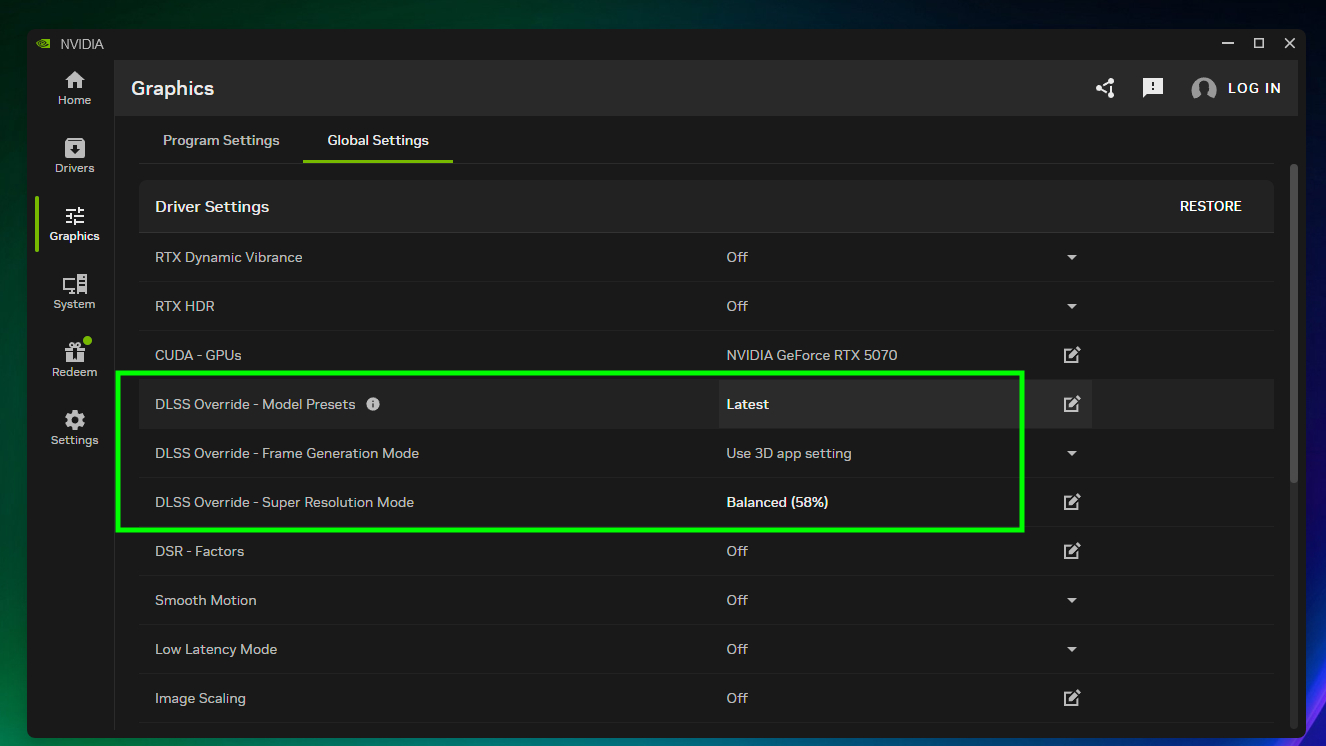 תפריט הגדרות DLSS 4.5
