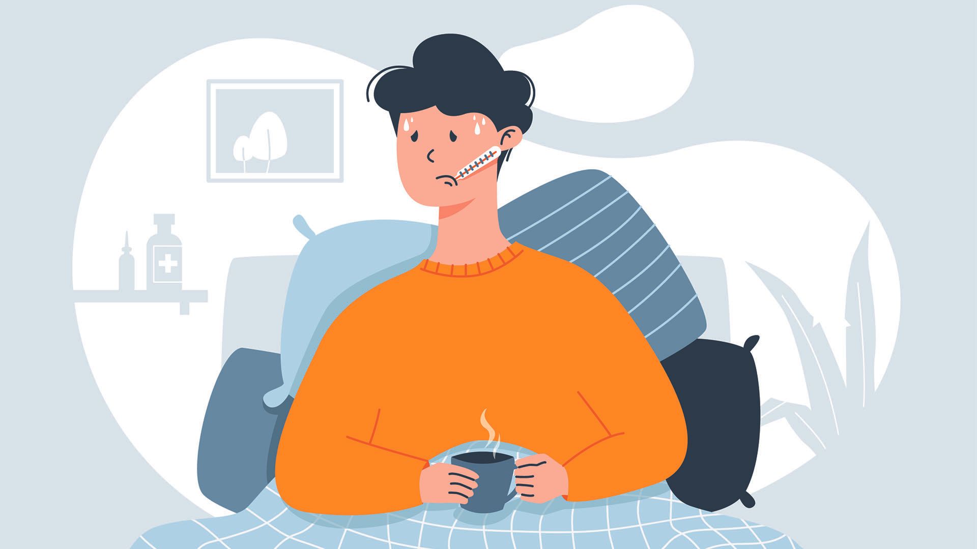 An illustration of a person wearing a yellow sweater in bed with the cold or flu, against a greay background. The person is holding a warm drink, lying propped up on pillows, with a thermometer in their mouth