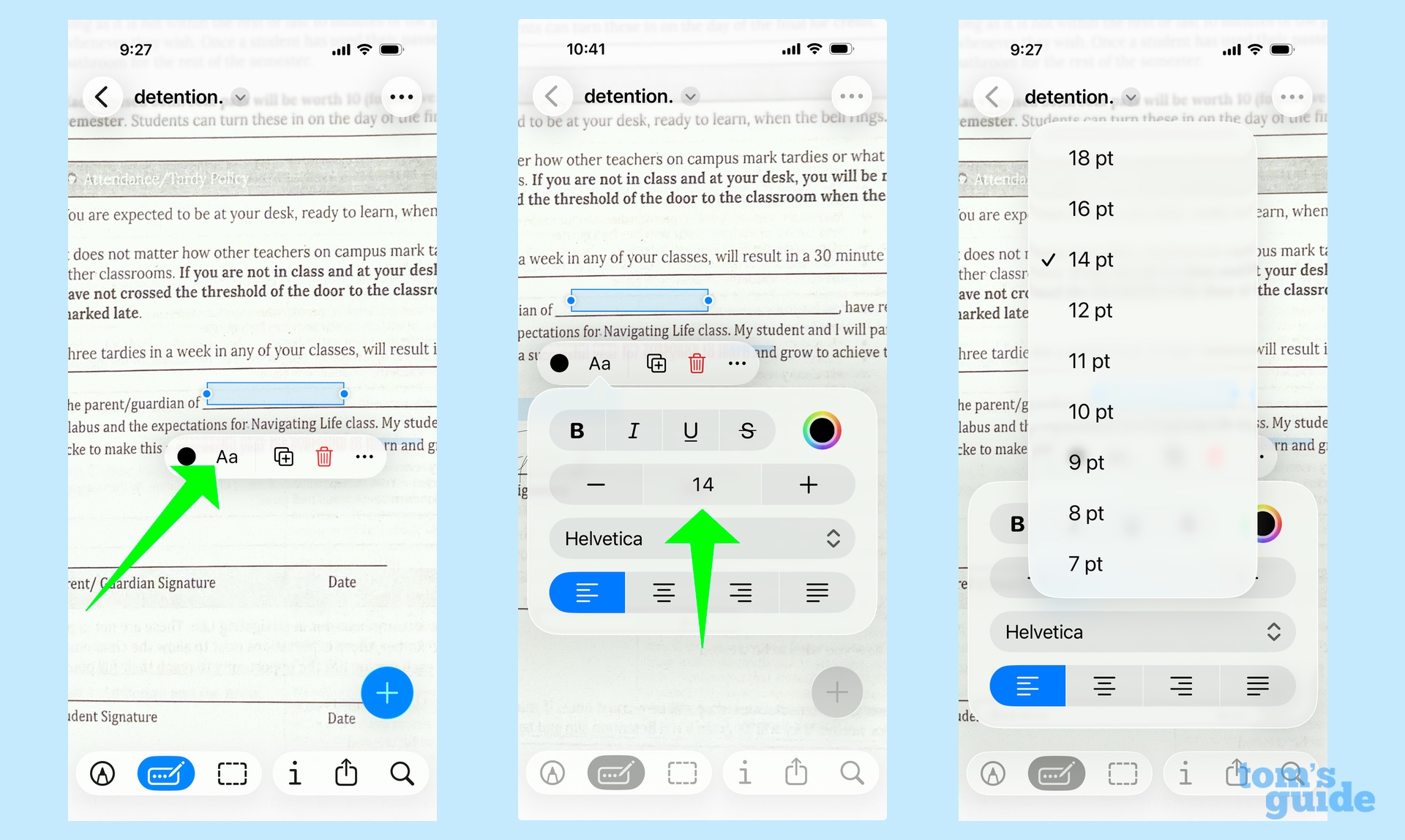 התאם את גודל הגופן בתצוגה מקדימה על ידי הקשה על סמל Aa ולאחר מכן בחירת גודל גופן
