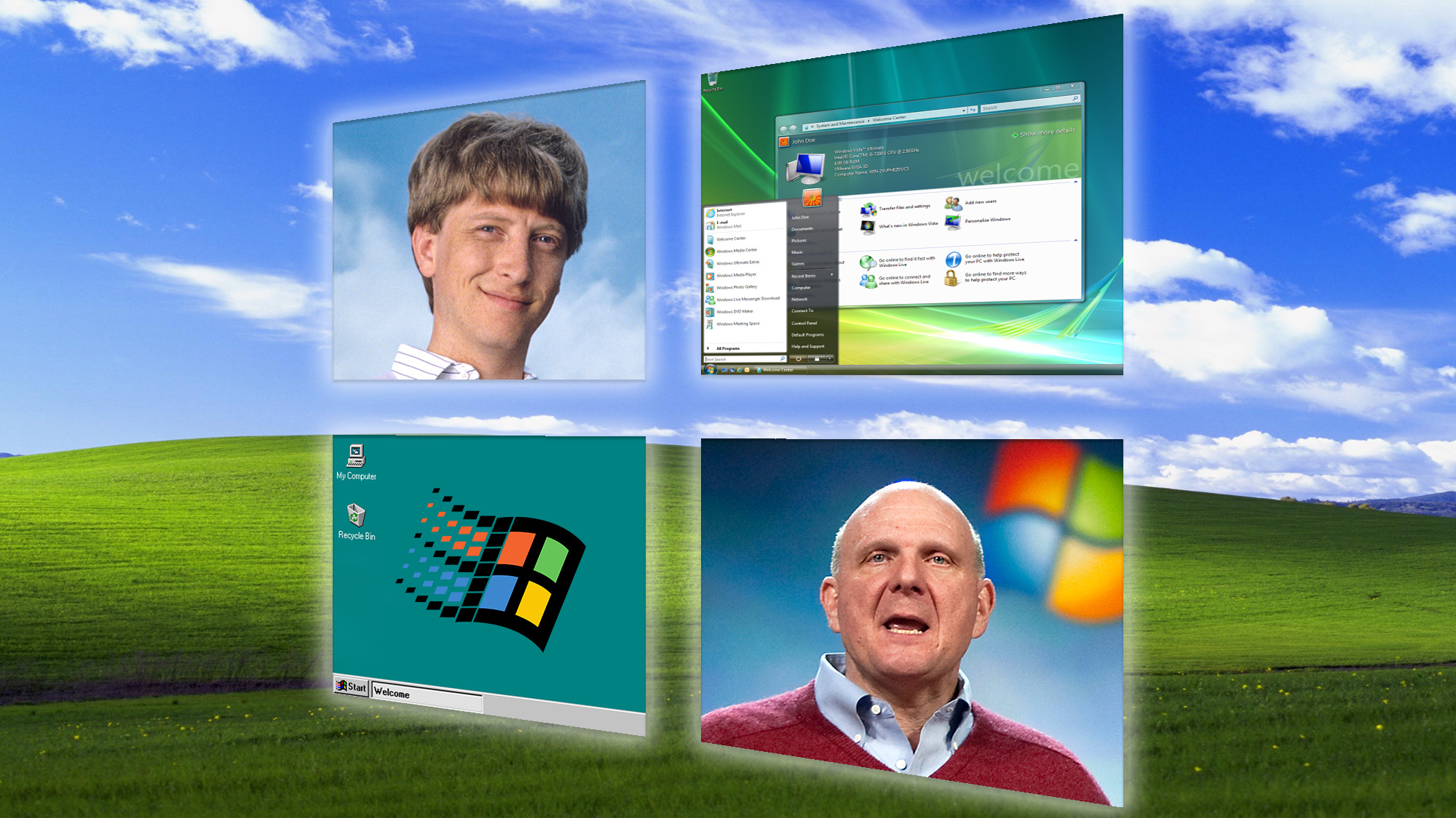 לוגו של Windows 10 עם תמונת רקע של Windows Vista ותמונות של סטיב באלמר, Windows 95 וביל גייטס