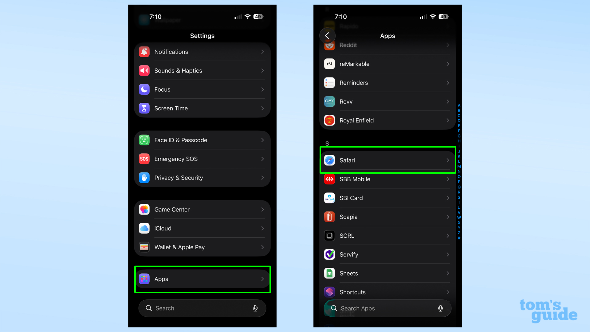 המיקום של הגדרות האפליקציות, ובתוכם הגדרות הספארי, באפליקציית ההגדרות הראשית של iOS