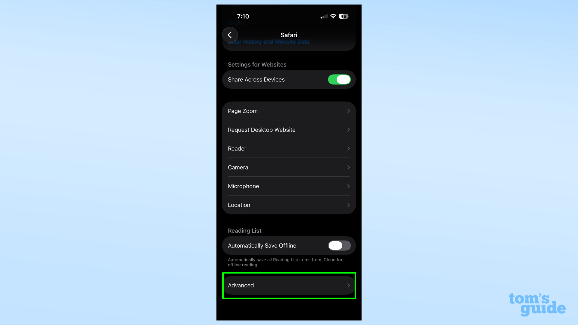 הגדרות מתקדמות בהגדרות Safari