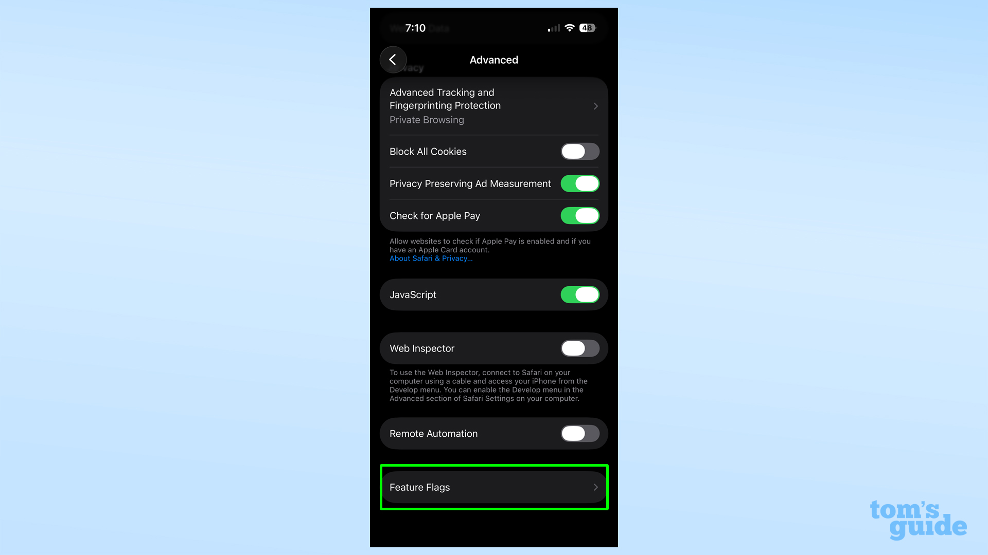 תכונה דגלים בהגדרות המתקדמות של Safari