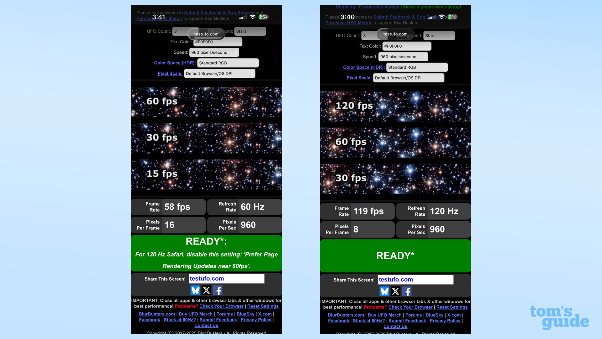 בדיקת קצב הרענון של Safari לפני ואחרי שינוי ההגדרה