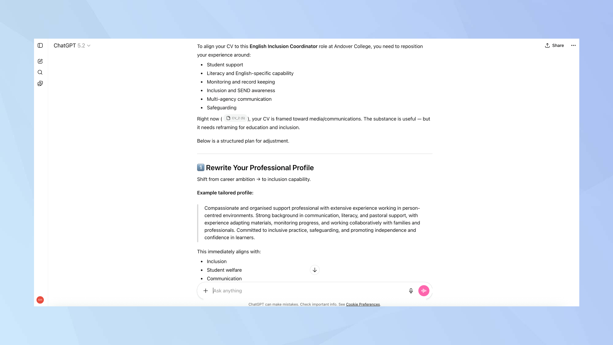 חוויית יישור ChatGPT עם פלט תיאור התפקיד