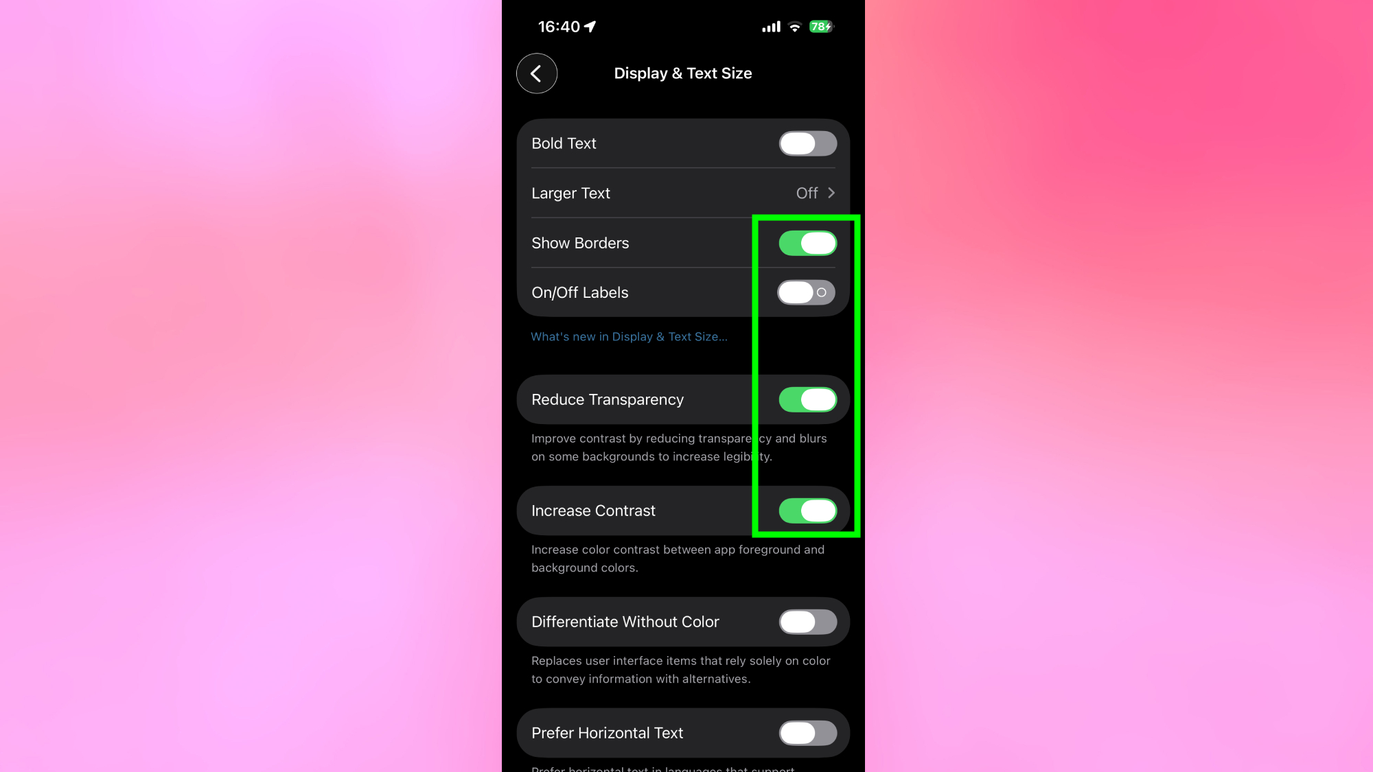 התאמת הגדרות נגישות לניגודיות מקסימלית באייפון