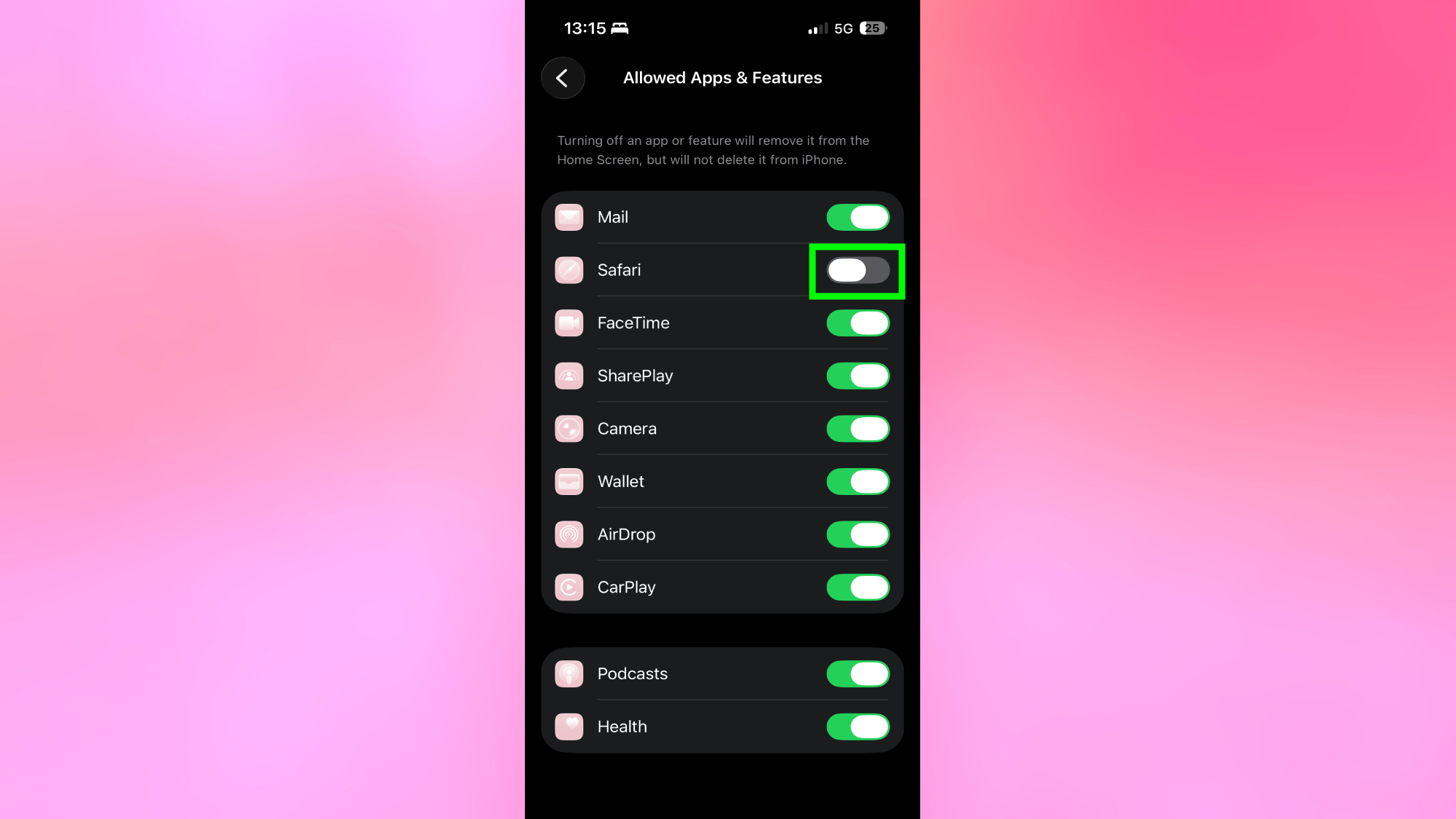Safari כבה בהגדרות האייפון