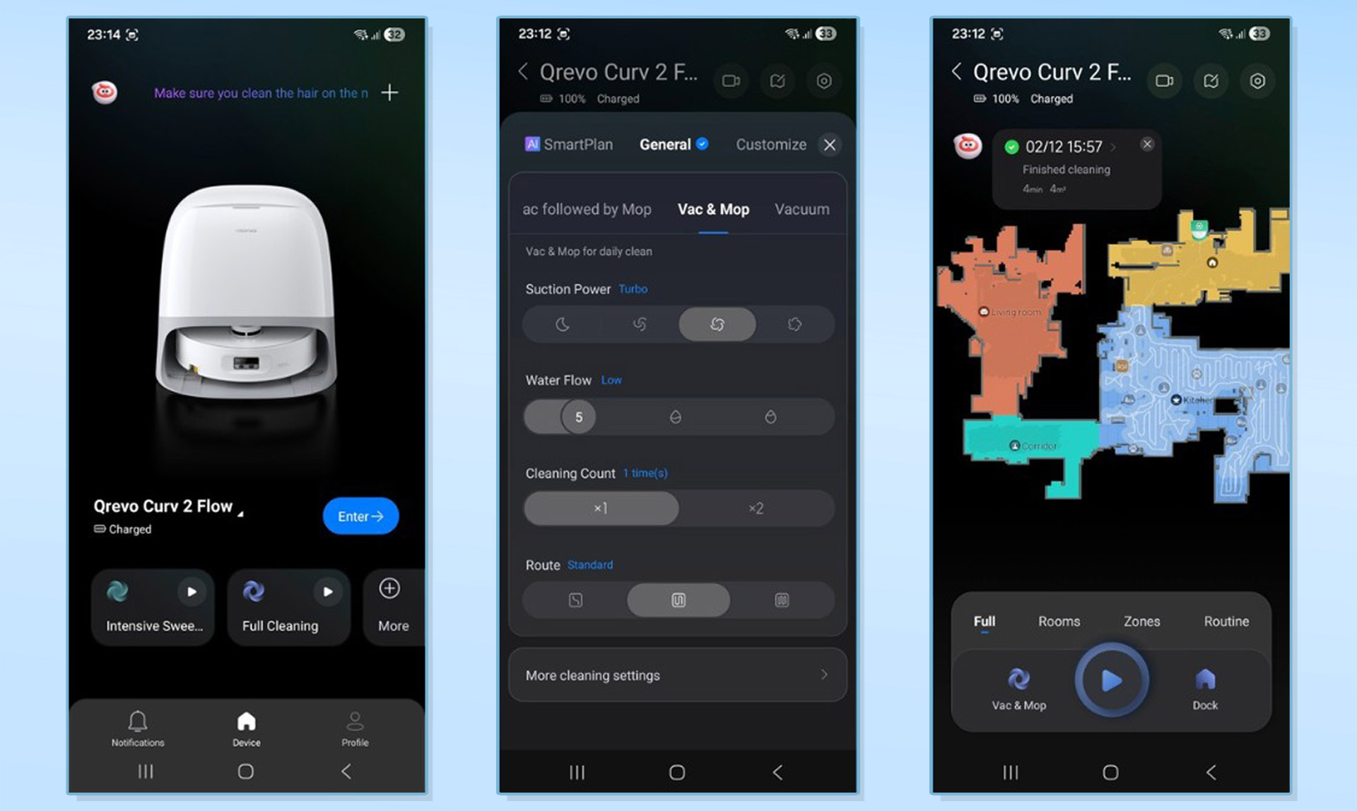 צילומי מסך של אפליקציית Roborock Qrevo Curv 2 Flow