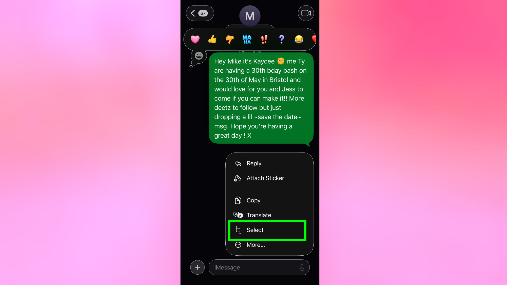 בחר חלק מהודעה באייפון 