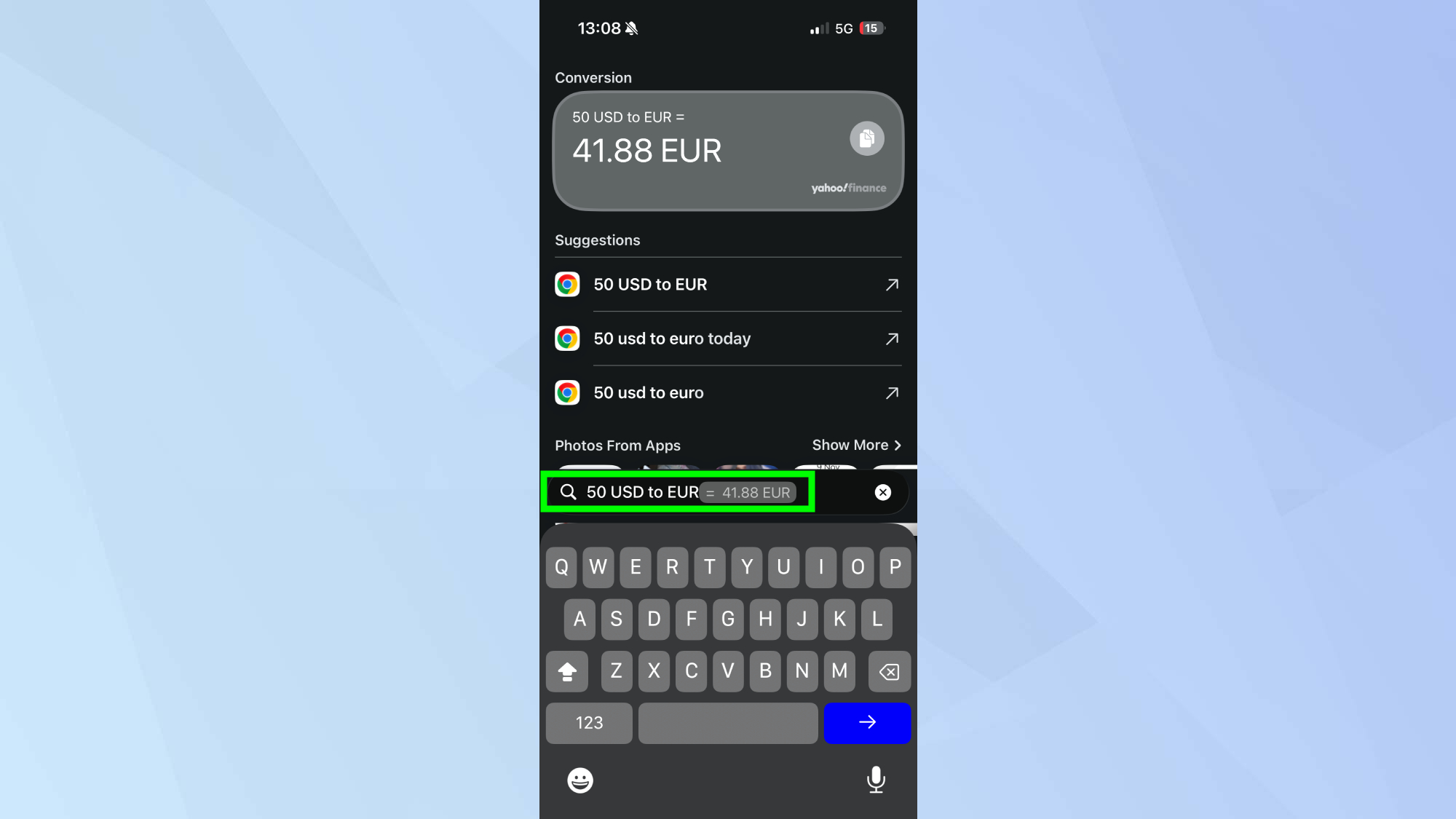 חיפוש המרות מתמטיקה של זרקור של iPhone