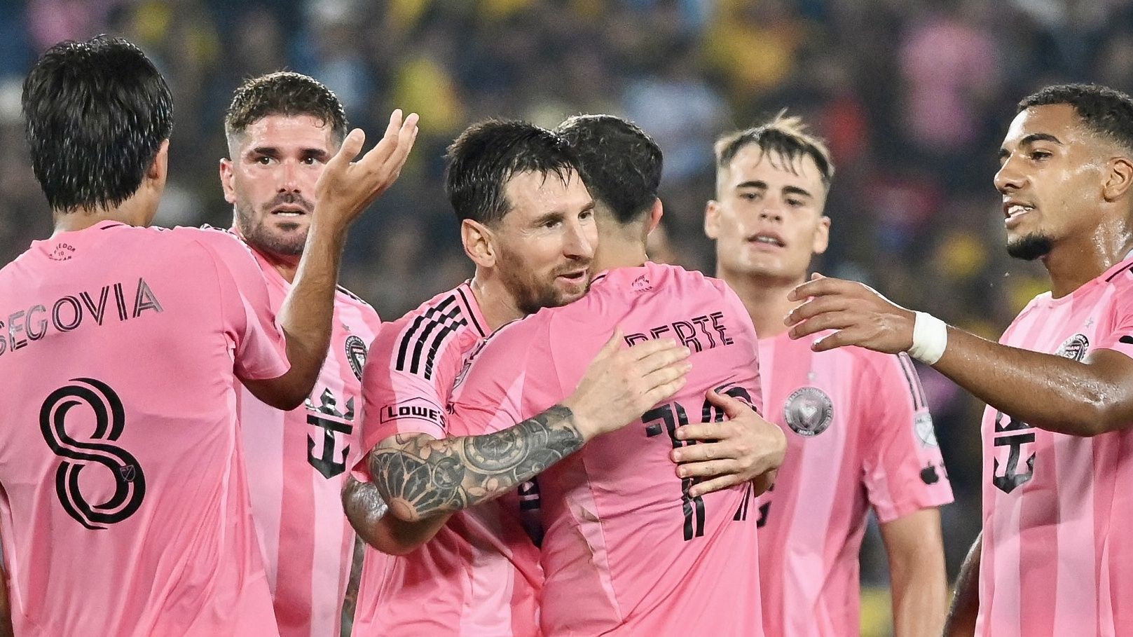Inter Miami's Argentine forward Lionel Messi celebrates scoring his team's first goal during the friendly football match between Ecuador's Barcelona and the US' Inter Miami at the Banco Pichincha Stadium in Guayaquil, Ecuador.