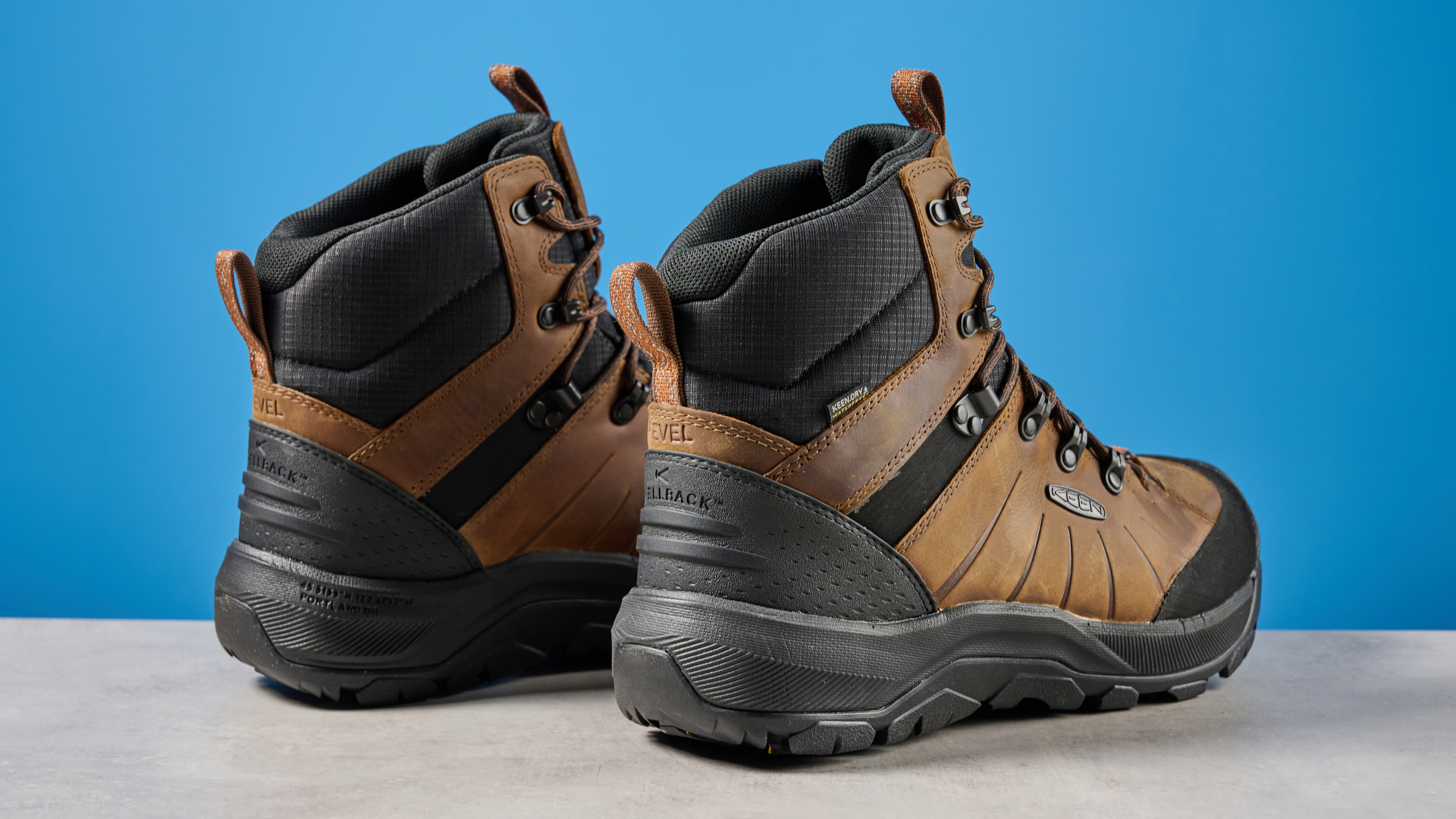 מבט אחורי של Keen Revel IV, בצבע חום על משטח אבן עם רקע כחול