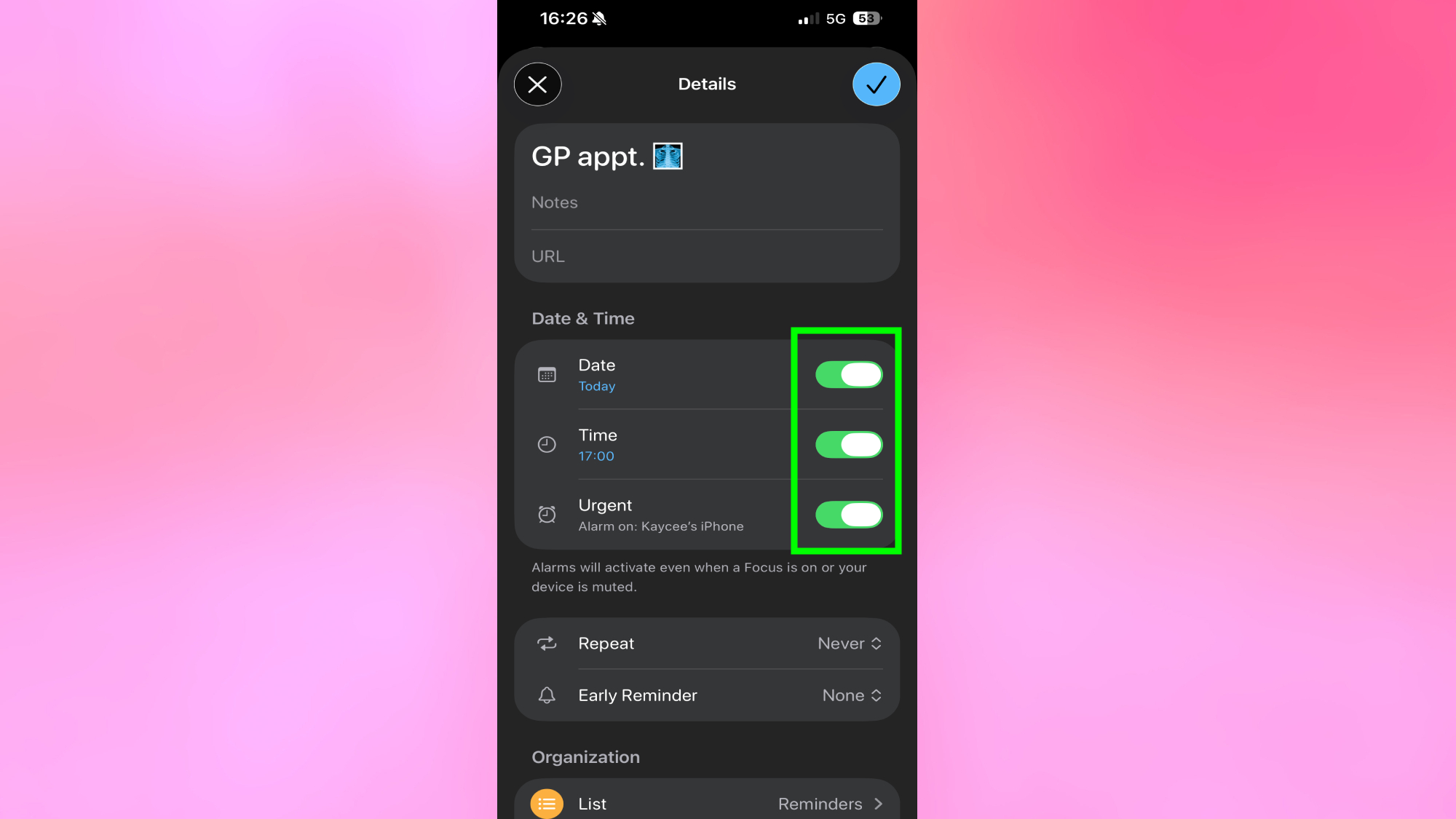 תזכורות דחופות באייפון