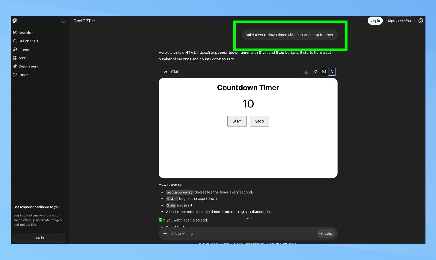 הודעת קידוד Vibe ב-ChatGPT
