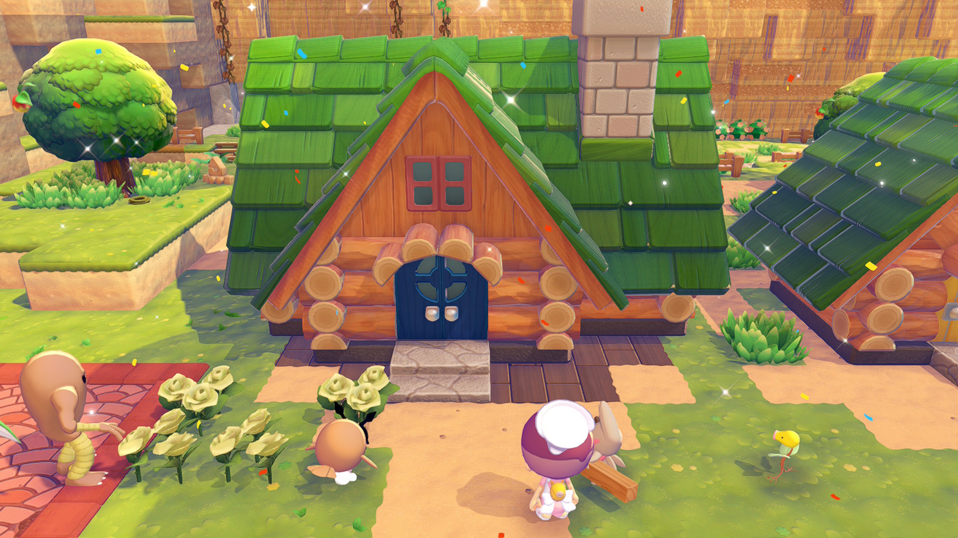 צילום מסך של Pok&eacute;mon Pokopia עם Hoothoot ו-Hitmonlee בשטחי השממה הקמלים כפי שצולמה ב-Nintendo Switch 2