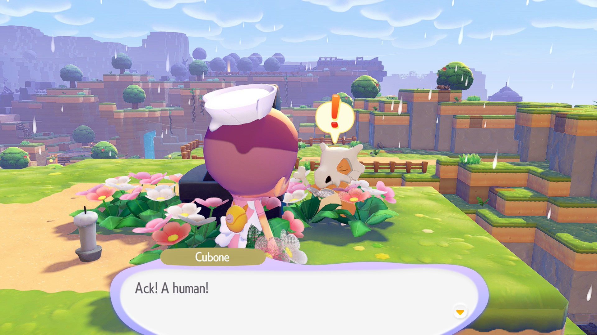 צילום מסך של Pok&eacute;mon Pokopia עם Cubone בשממות הקמלות.