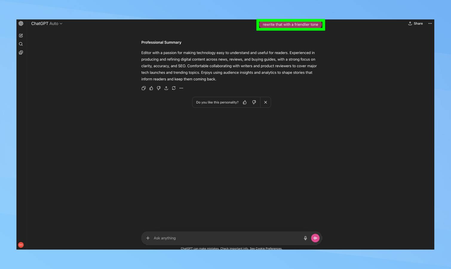 הודעת חידוד ב-ChatGPT