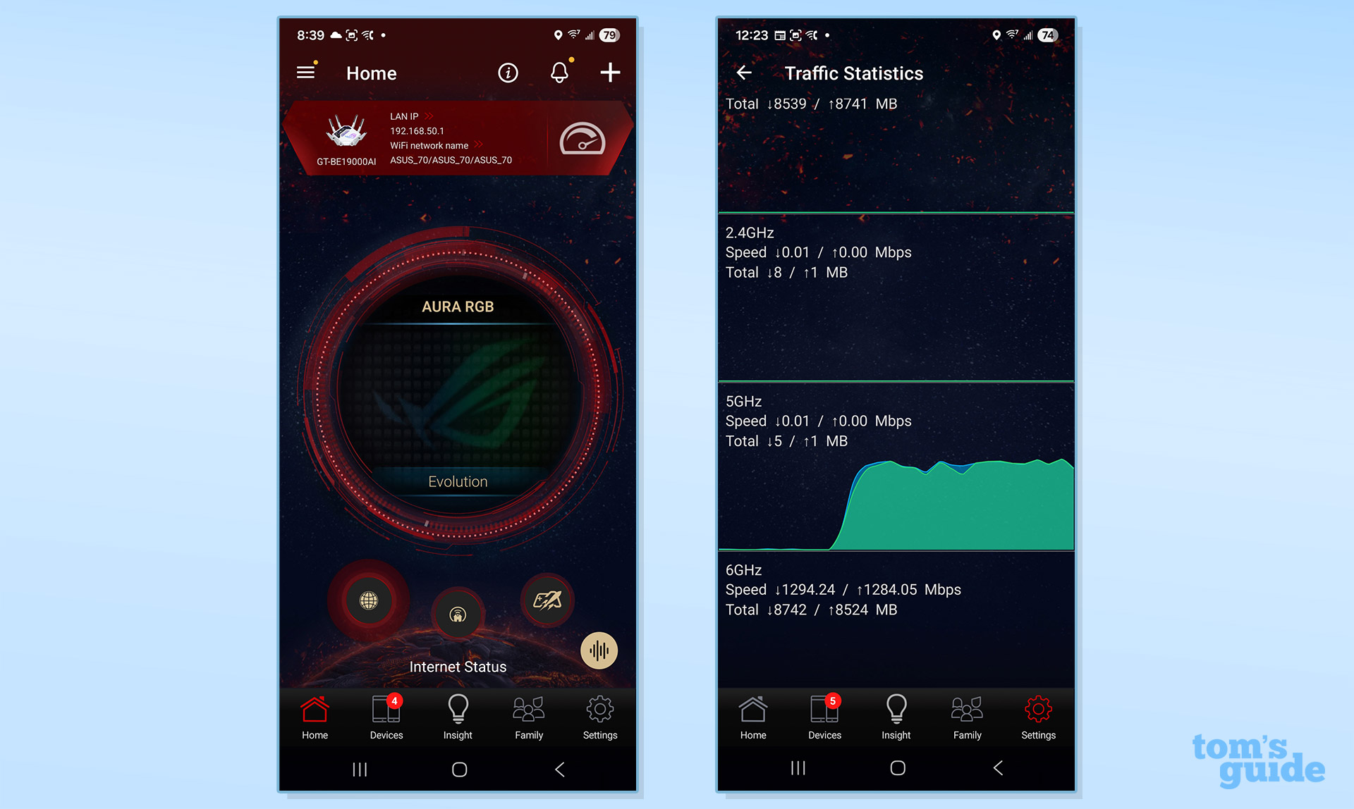 צילומי מסך מאפליקציית הנתב של Asus ROG Rapture GT-BE19000AI