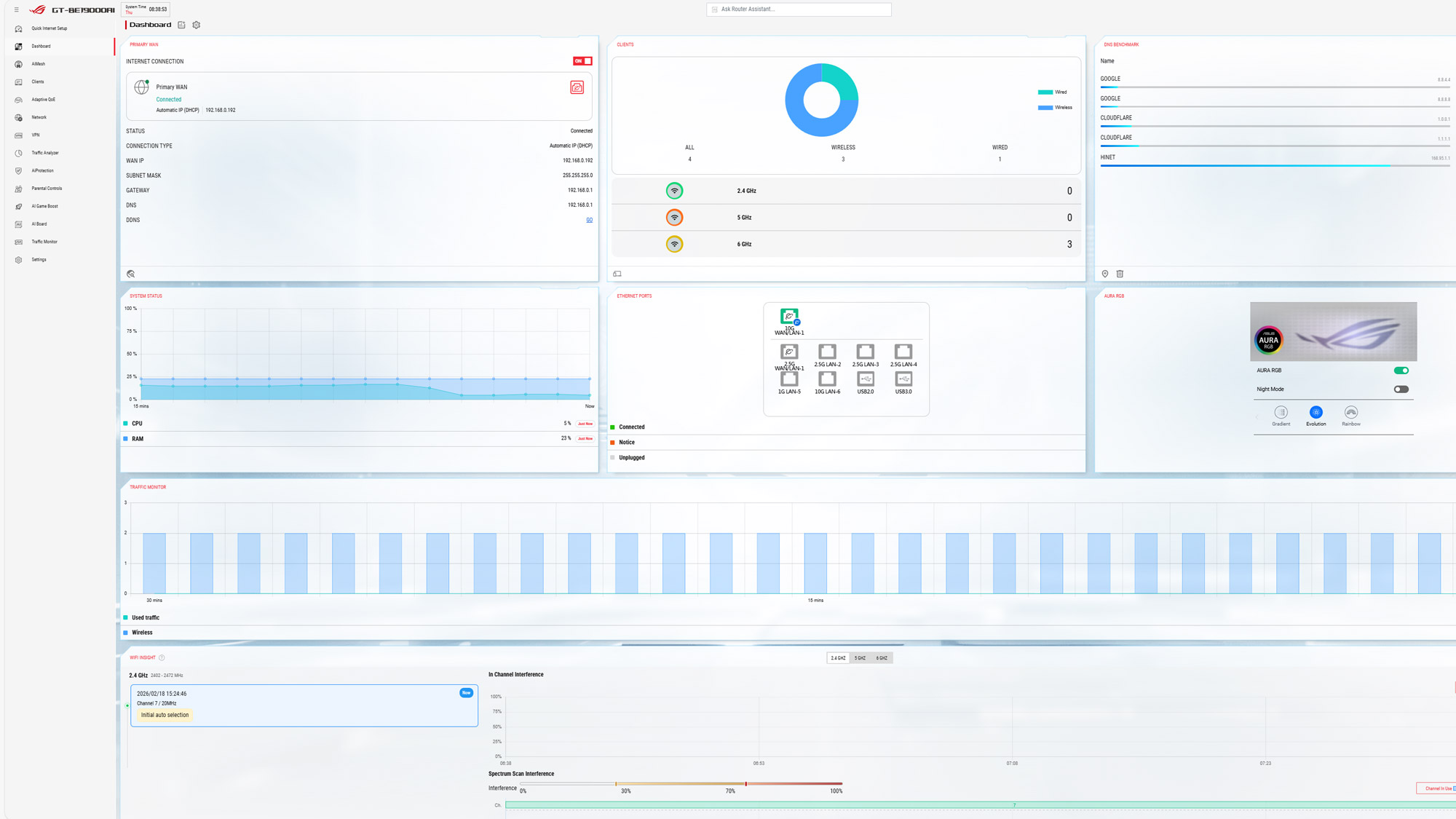 דף הבית של הדפדפן עבור הנתב Asus ROG Rapture GT-BE19000AI