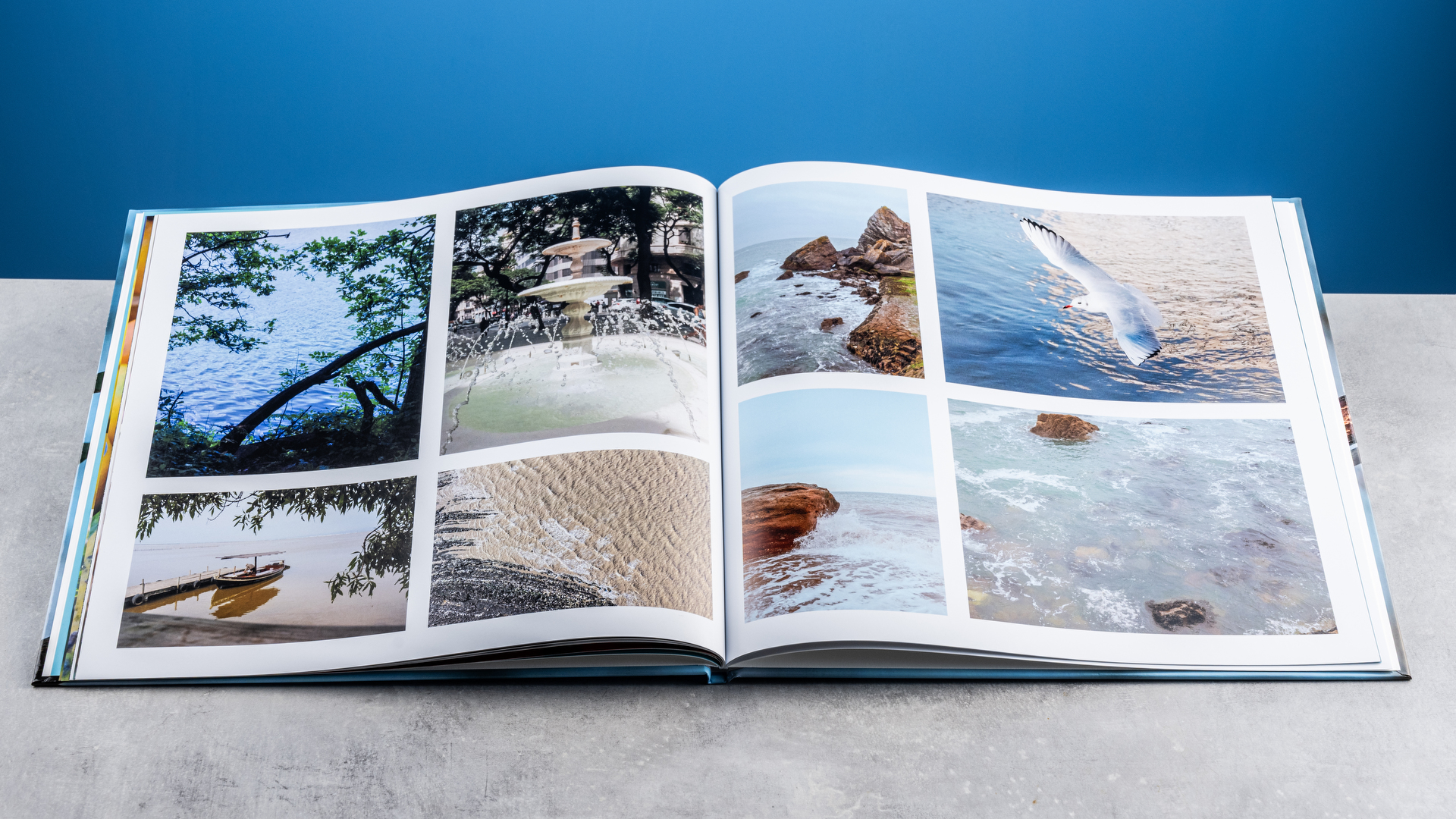 דפי ספר התמונות של Vistaprint שצולמו על שולחן מול רקע כחול