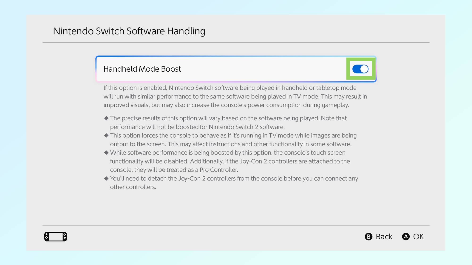 תמונה המציגה כיצד להפעיל מצב חיזוק כף יד ב-Nintendo Switch 2