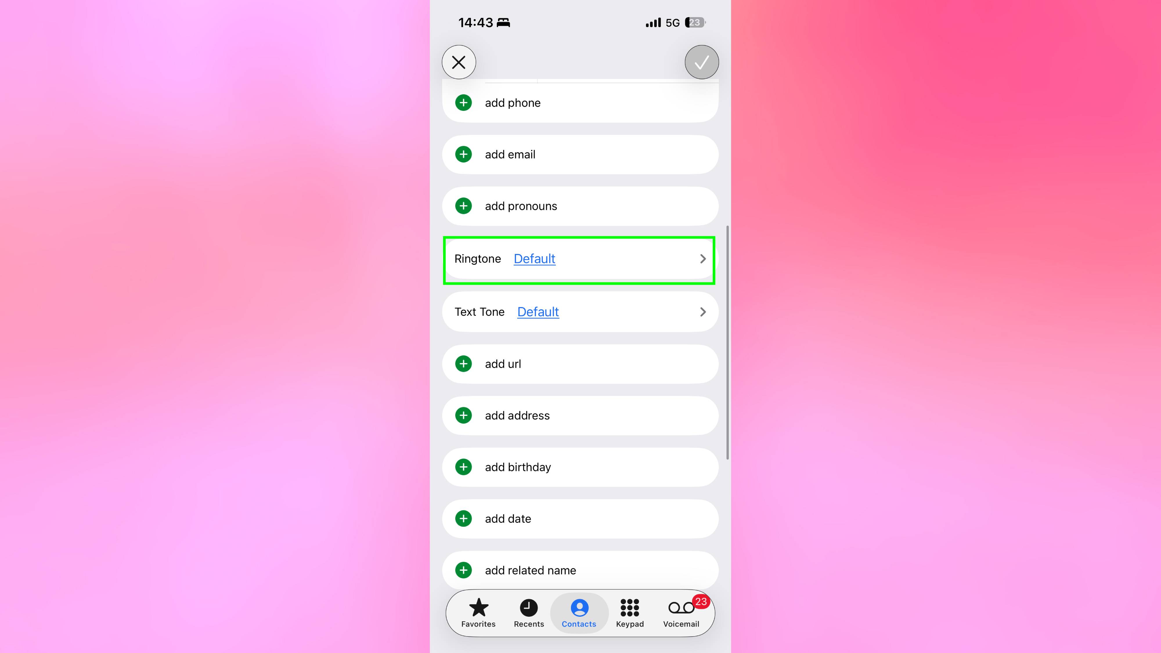 רינגטון מודגש באנשי קשר באייפון